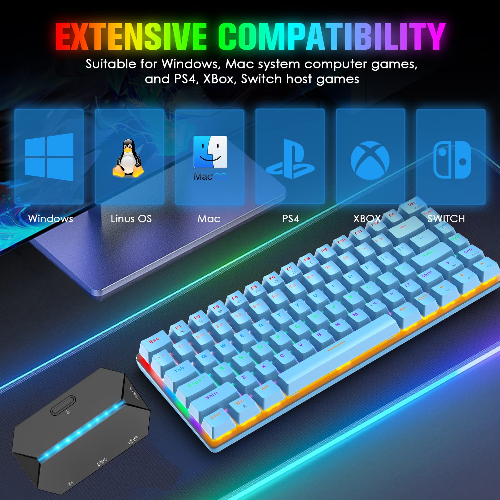 Hoopond Mechanisch toetsenbord, AK33 Rainbow LED Backlit USB-kabel Gaming Mechanisch Toetsenbord, 82 toetsen Compact Mechanisch Gaming-Toetsenbord met Anti-Ghosting-toetsen voor Gamers & Typis