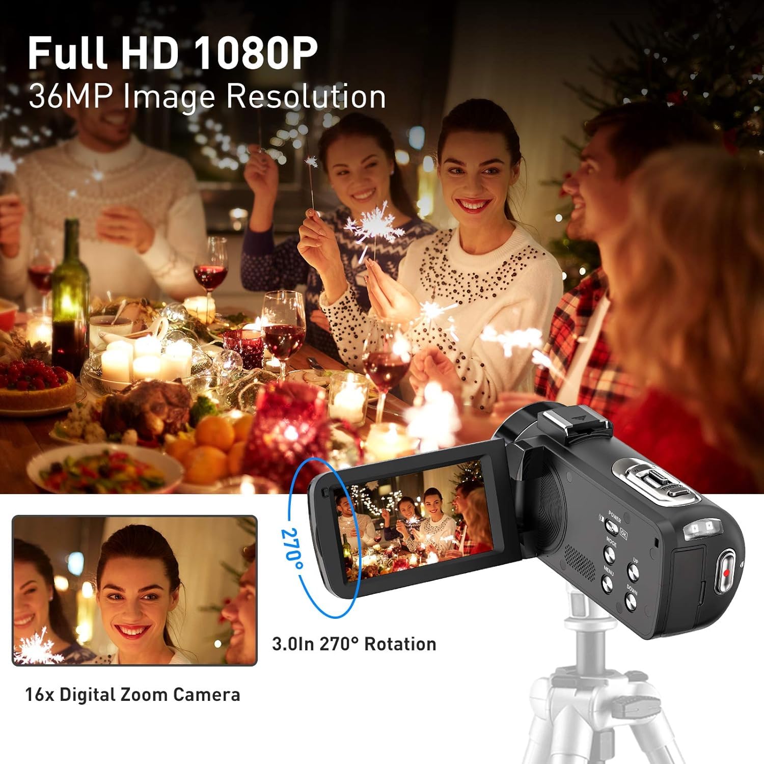 Caméscope, Camescope Numerique 1080P 36MP IR Vision Nocturne 16X Zoom Numérique 3,0 Pouces LCD 270 Degrés Ecran Rotatif Vlogging Caméra pour Youtube avec Télécommande, 2 Piles