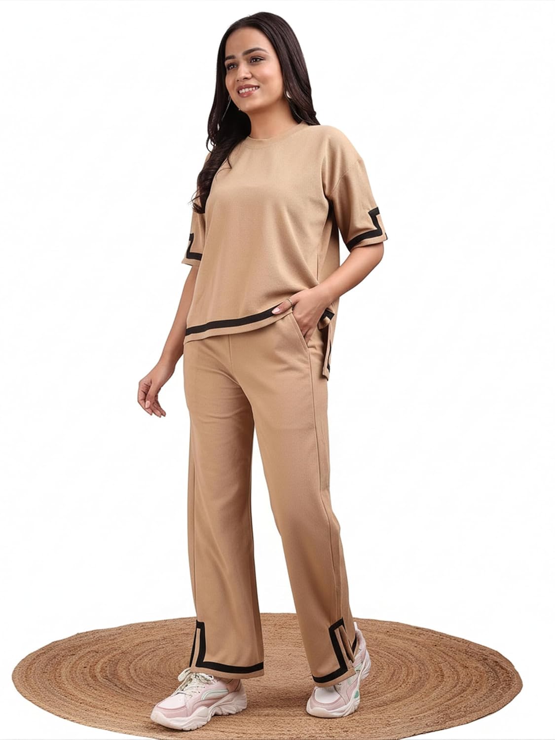 ELLITI Women’s Co-ord Set, Down Short Sleeve Top and Wide Leg Trousers with White Trim