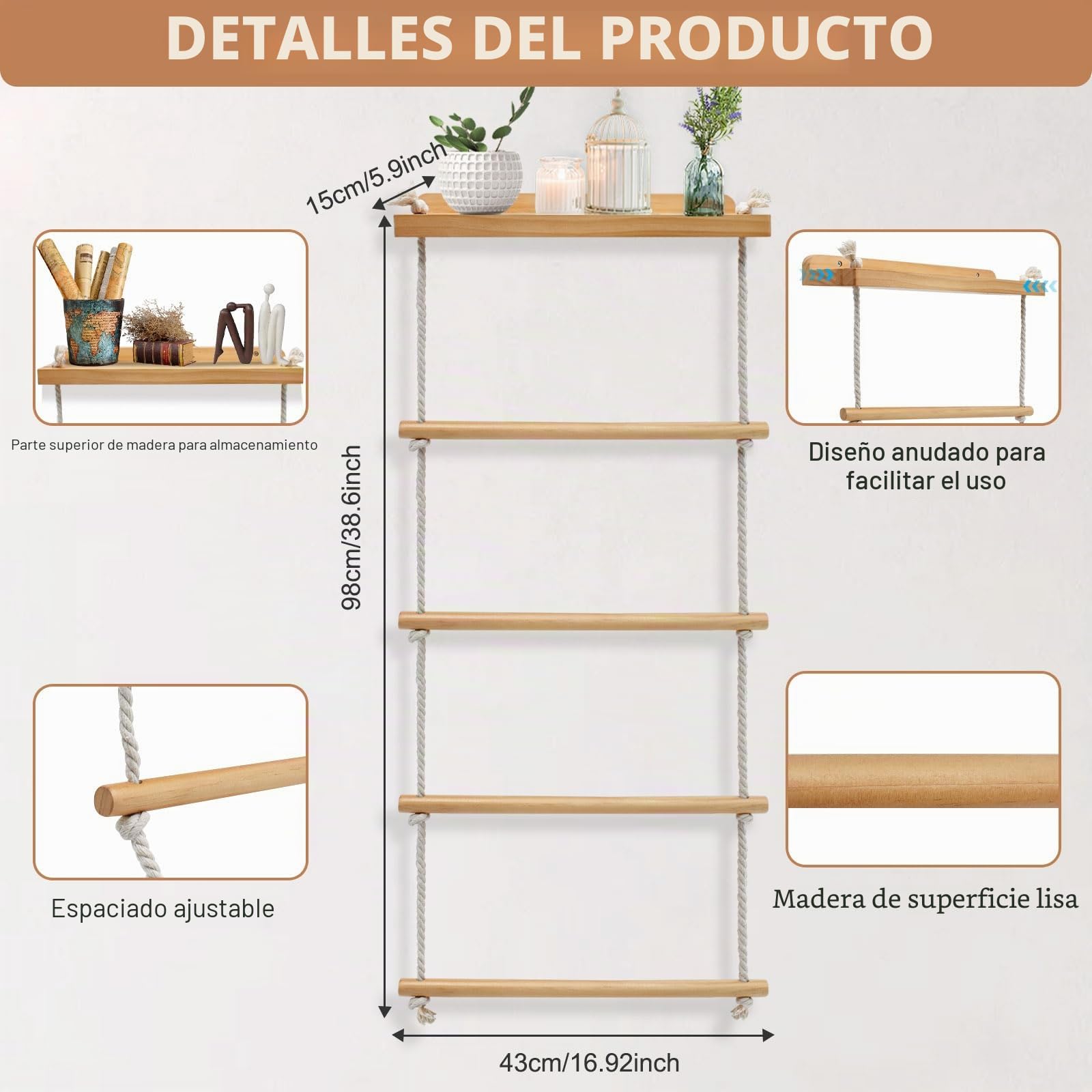5 Niveles Toallero de Madera, Toalleros Pared de Baño, Toallero Escalera para Toallas de Baño, Ropa o Periódicos, Accesorios Baño, Decoracion Habitacion, Colgador Toalla Baño para Dormitorio