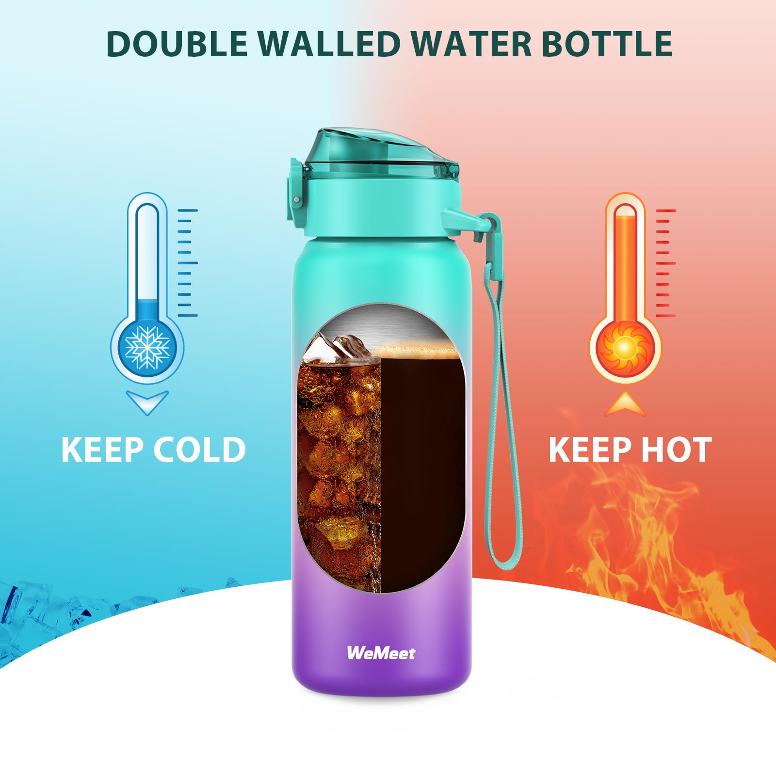 WEMEET - Borraccia sportiva in acciaio inox 18/10, con cannuccia rimovibile, senza BPA, a doppia parete, per attività all'aperto, sport, scuola, palestra, 700 ml, (verde rosa e viola)