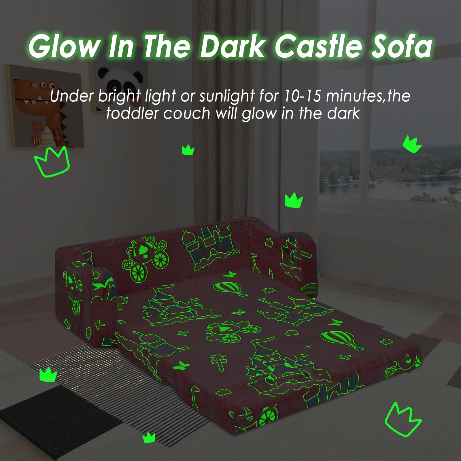 Pieghevole Divano Bambini 2-in-1, Poltroncina per Bambini Trasformabile in Lettino per Regalo Bambino,Stabile Sedia si illumina al Buio Camere da Letto, Soggiorno e Stanza per i Giochi,Castello