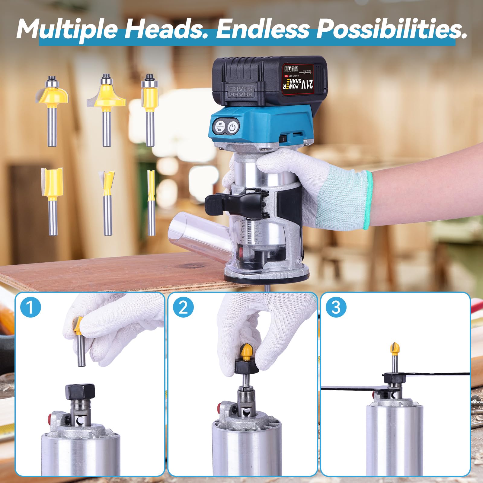 Fresadora de Madera a Batería 21V con 2 x 4.0Ah 30000 tr/min Motor Sin Escobillas Cuerpo de Aluminio, 6 Fresas de 1/4" Puerto de Extracción de Polvo para Carpintería DIY