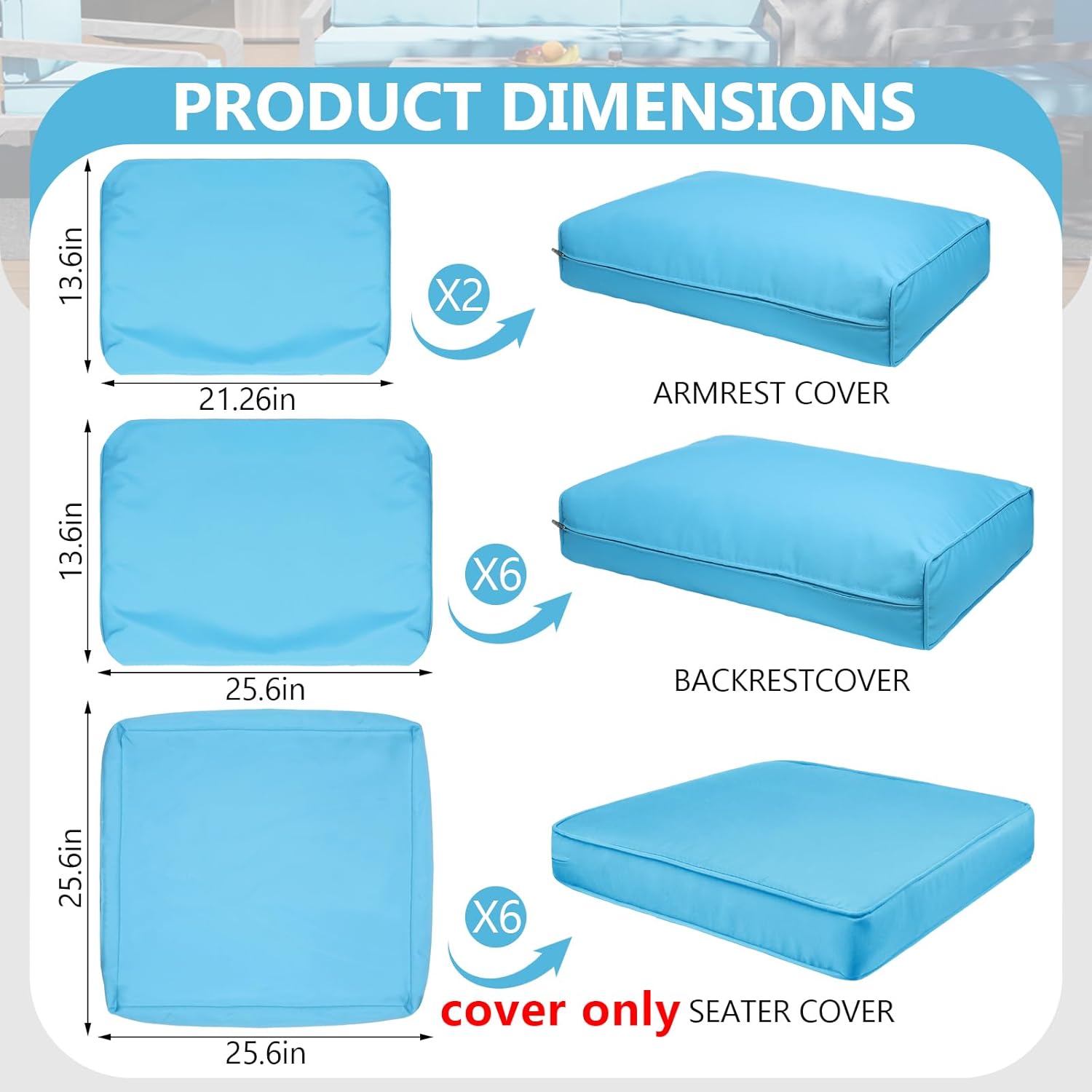14 piece outdoor patio waterproof cushion covers, fits 6-seat wicker rattan sectional couch chair furniture cover replacement set - fade-resistant patio cushion covers with zipper lake blue 25.6*25.6*4 inches