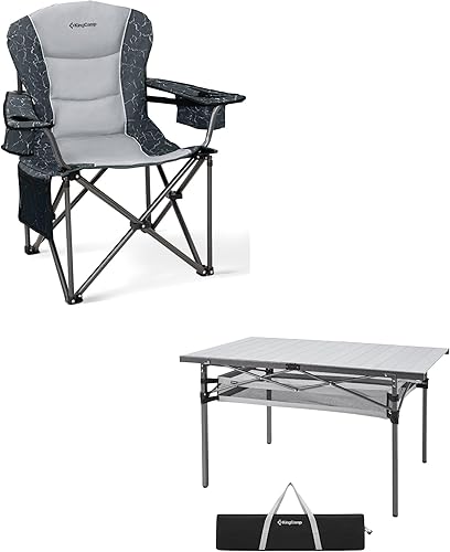 KingCamp Silla plegable de gran tamaño, resistente 450 libras con mesa de campamento plegable, mesa de campamento enrollable de aluminio