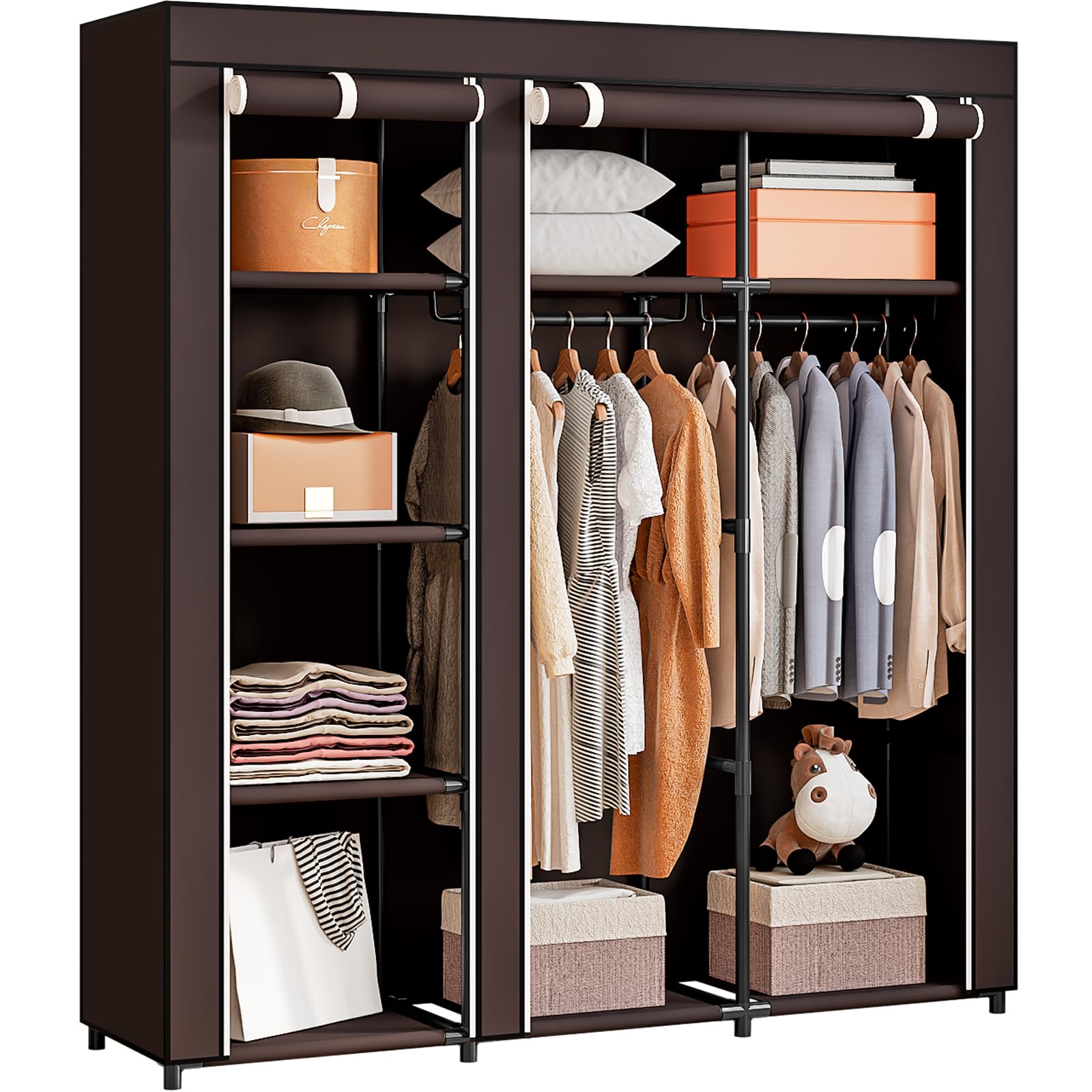 SORCEDAS Tragbarer Kleiderschrank Schrank Aufbewahrung Organizer Metall Hängeregal Vliesstoff (Kaffee, 130 cm)