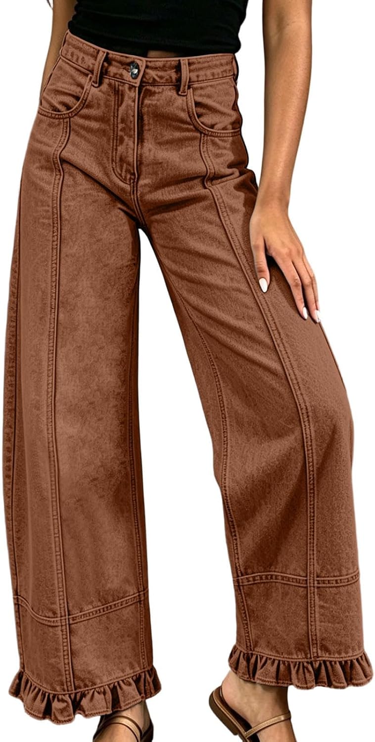 Wide Leg Jeans for Women Ruffle Patchwork Baggy High Waisted Jeans