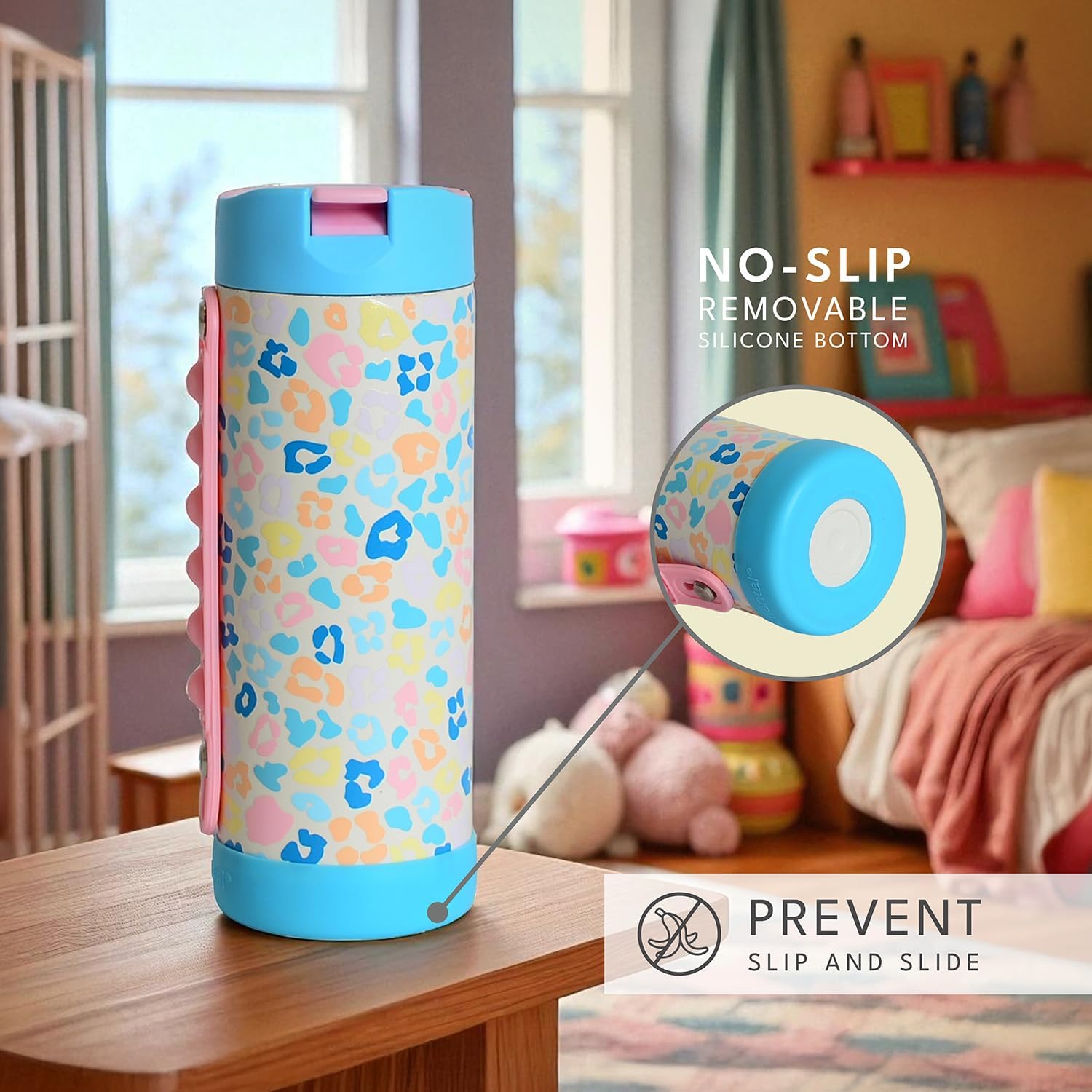 Elemental Iconic Kids Water Bottle for School - 100% Leak-Proof Insulated Water Bottles with Straw Lid & Pop-It Handle for Boys & Girls - Triple-Wall Insulated & BPA-Free, 14oz – Pastel Leopard - Image 3