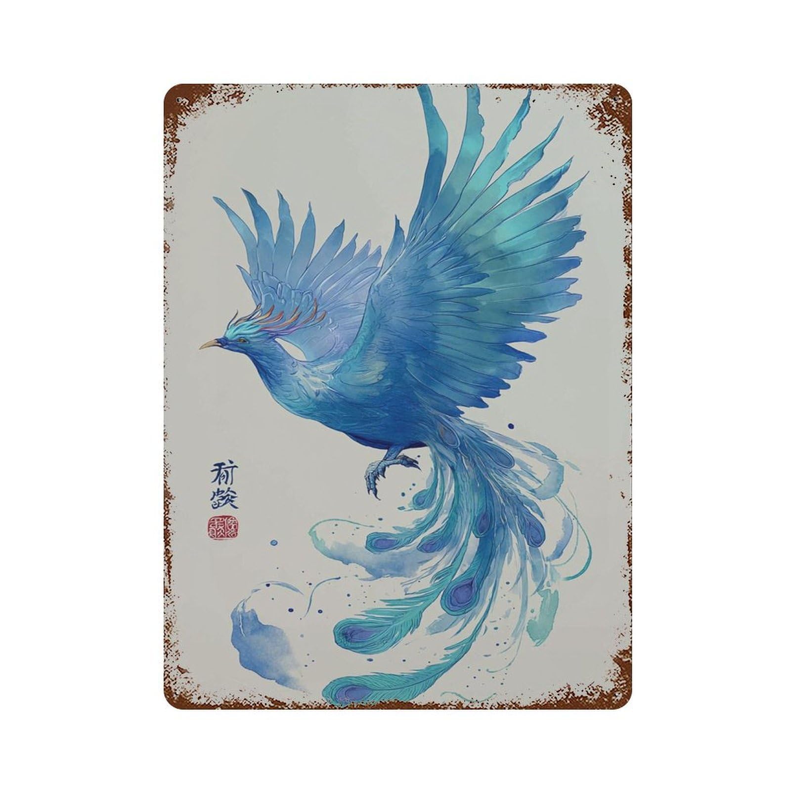xiaoxiaoshen Blue Phoenix Watercolor – Mythical Bird Asian Wall Decor Art Metal Tin Poster Modern Home Decor Art Home Bar Shop Decorations Vintage Sign 40x30cm