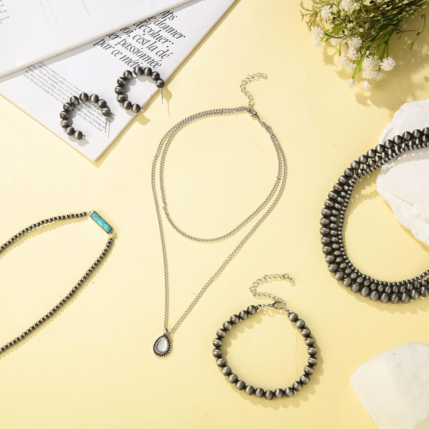 Kigeli 5 Pcs Pearl Jewelry Set Necklace Earring and Bracelets Vintage Multilayer Pearl Necklace Western Style Choker Silver Drop Pendant for Women Accessories - Image 3