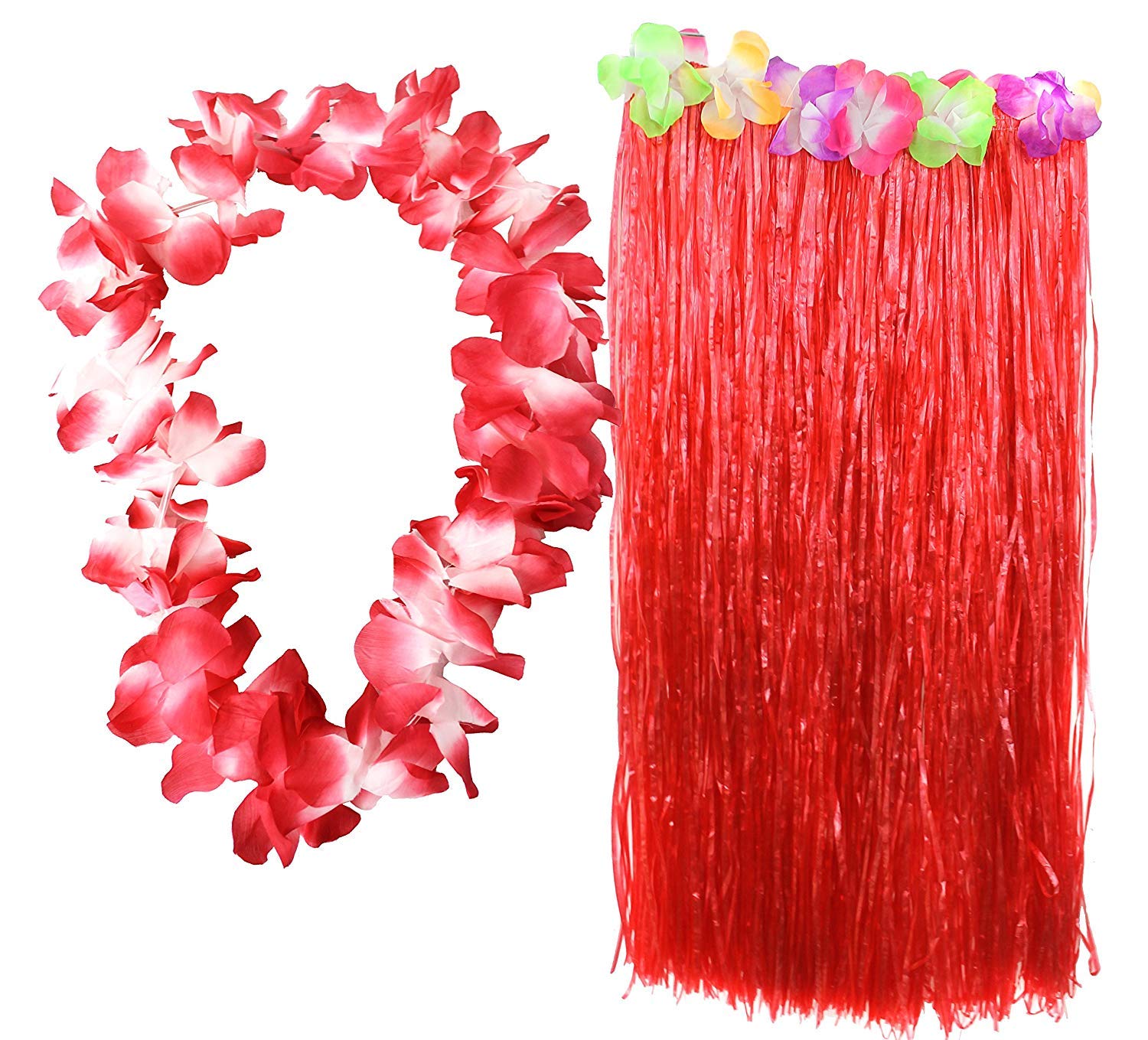 HAWAIIAN SKIRT + COLOURED LEI 2 PIECE FANCY DRESS ACCESSORY SET 80 CM SKIRT HAWAII HULA LUAU COSTUME BEACH PARTY OUTFIT (GREEN) โ image 1