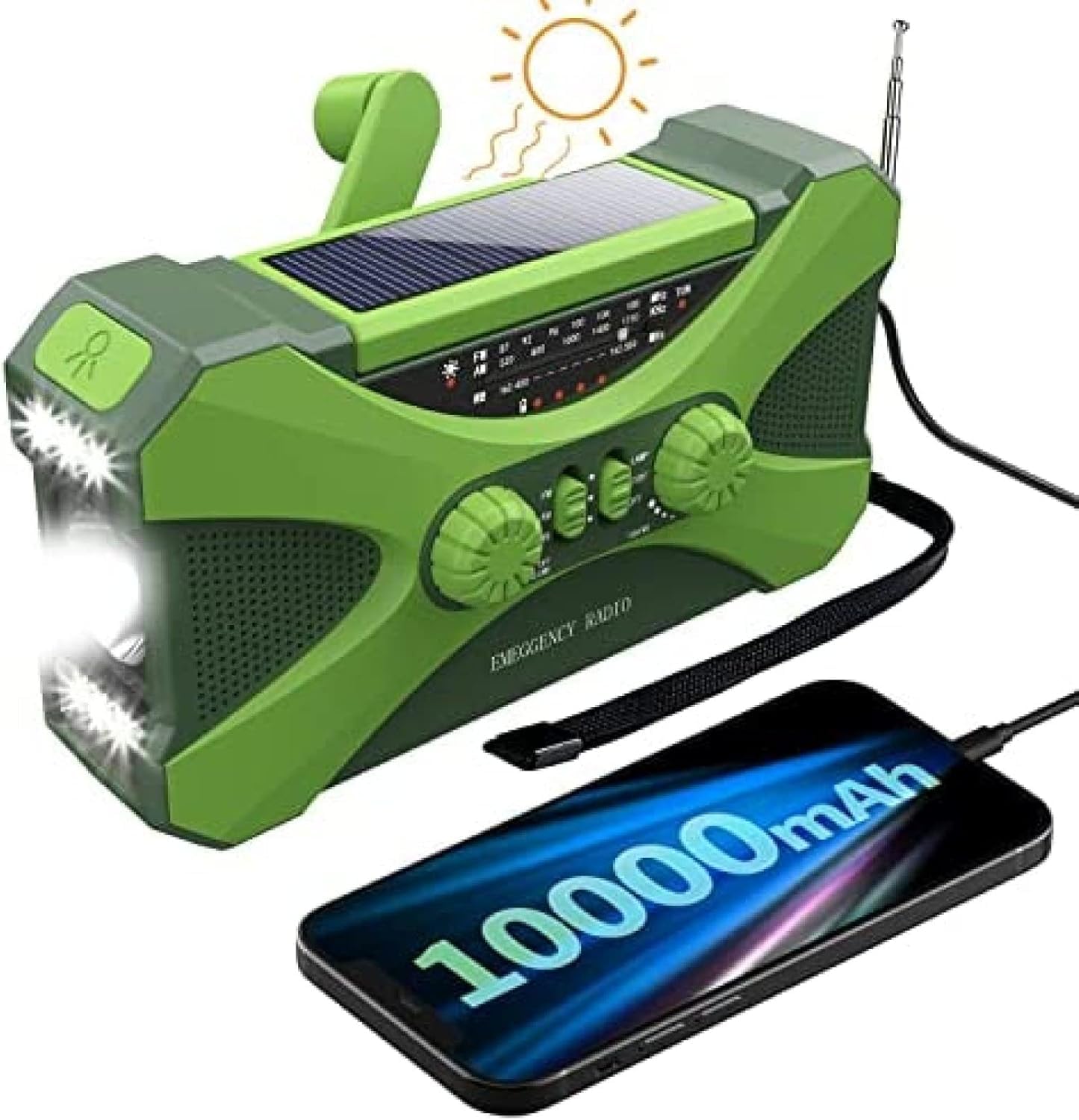 Radio A Carica Manuale di Emergenza Am FM Radio Portatile A Manovella Solare con Batteria Ricaricabile Torcia Luminosa Sensore di Movimento Lampada da Lettura Allarme SOS Jack per Cuffie, Green