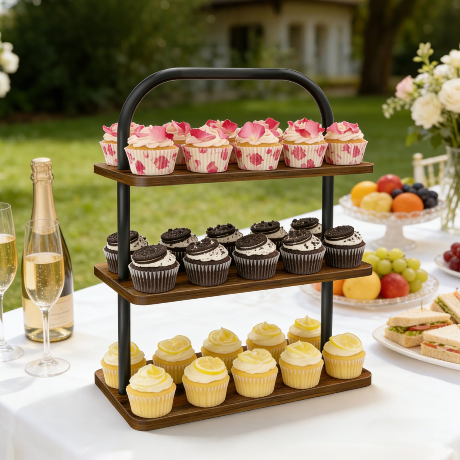 Soporte para magdalenas para 50 cupcakes, paquete de 2 soportes de metal de madera de 3 niveles, soporte de exhibición reutilizable para cupcakes, bandeja escalonada, mesa de postre, juego de bandejas