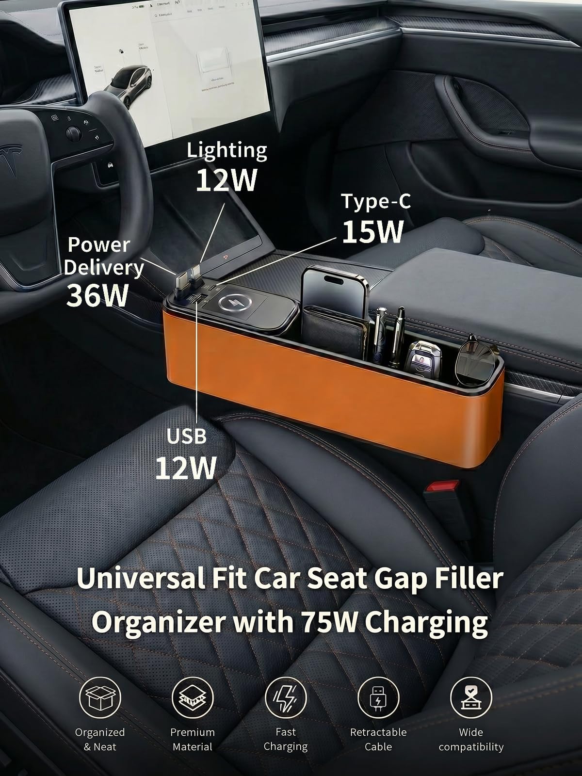 Cargador retráctil de coche de 75 W con relleno de espacio para asiento de coche, adaptador de carga rápida 4 en 1, cable PD USB C integrado de 36 W y organizador de almacenamiento para teléfono/gafas