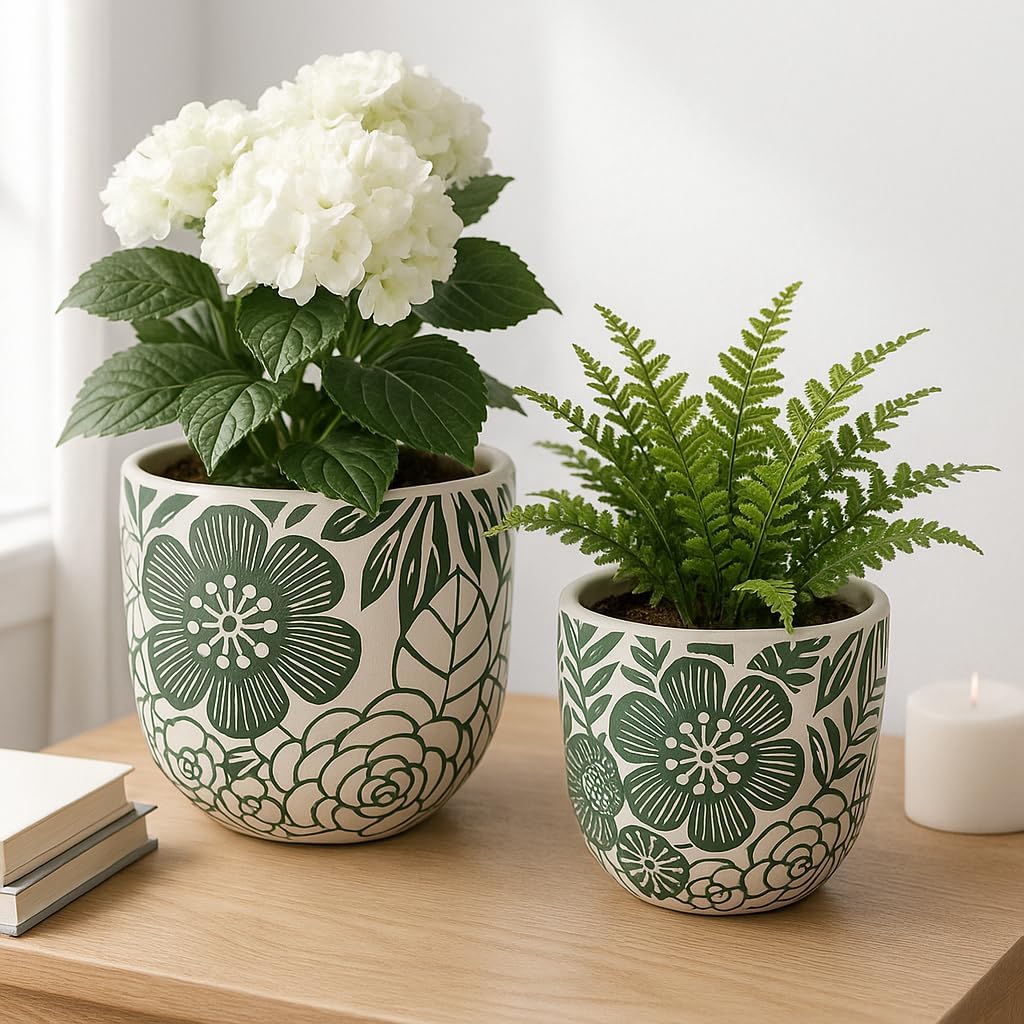 Ceramic Home Decor Flower Pots and Planters – Indoor or Outdoor Plant Pots with Floral Pattern for Succulents or Houseplants – Planters for Patio, Garden, or Room Decor Set of 2 – 7", 6" White & Green