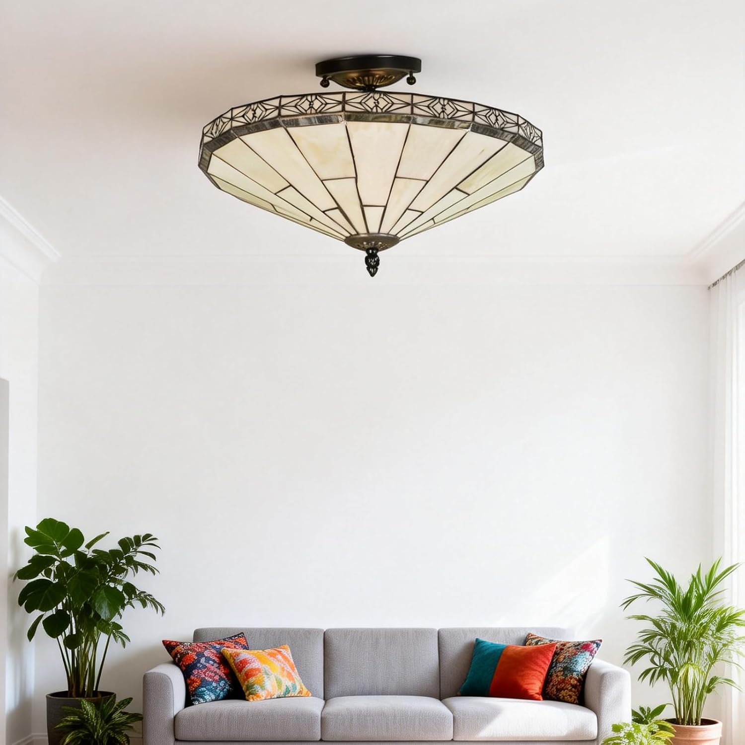 15.75 inch Vintage Chandelier Light Vintage Ceiling Light Fixture Stained Glass Handmade Ceiling Lamp Retro 3 Light Flush Mount Ceiling Light Fixture for Living Room Bedroom