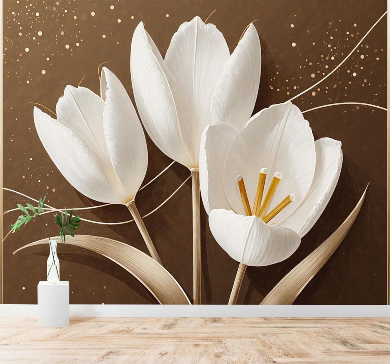 XLMING Three Dimensional Beautiful White Tulips Brown Gold Accents 3D Wallpaper Premium Textured Silk Study Dining Living Room Bedroom Sofa TV Wall Easy Install-400cm×280cm