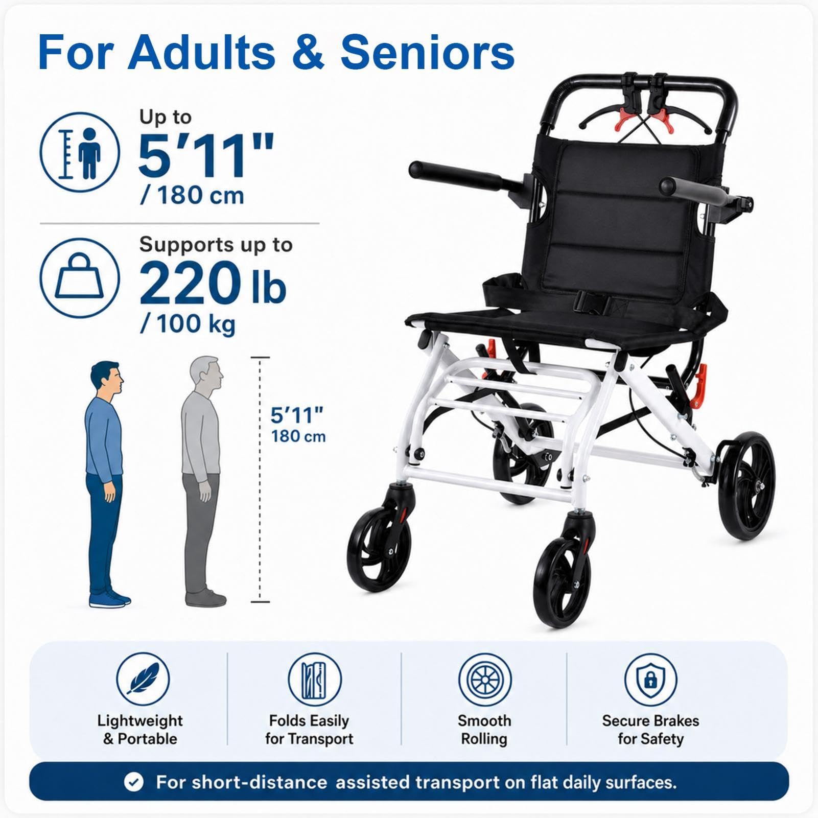 Sedia a rotelle pieghevole ultraleggera, sedia a rotelle in lega di acciaio al carbonio con manubrio girevole a 270°, pneumatici in PU, capacità di carico di 100 kg, doppi freni, compatta per i viaggi