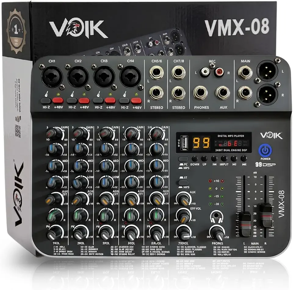 Mesa De Som 8 Canais Voik VMX-08 USB Bluetooth 99 Efeitos Interface de Áudio Live Streaming 48v Phantom Power HI-Z Processamento Digital Bivolt 110v/220v