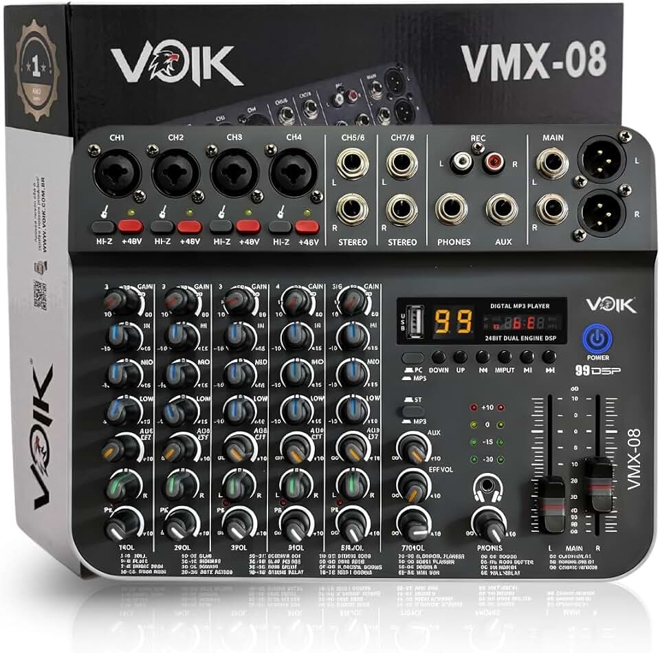 Mesa De Som 8 Canais Voik VMX-08 USB Bluetooth 99 Efeitos Interface de Áudio Live Streaming 48v Phantom Power HI-Z Processamento Digital Bivolt 110v/220v