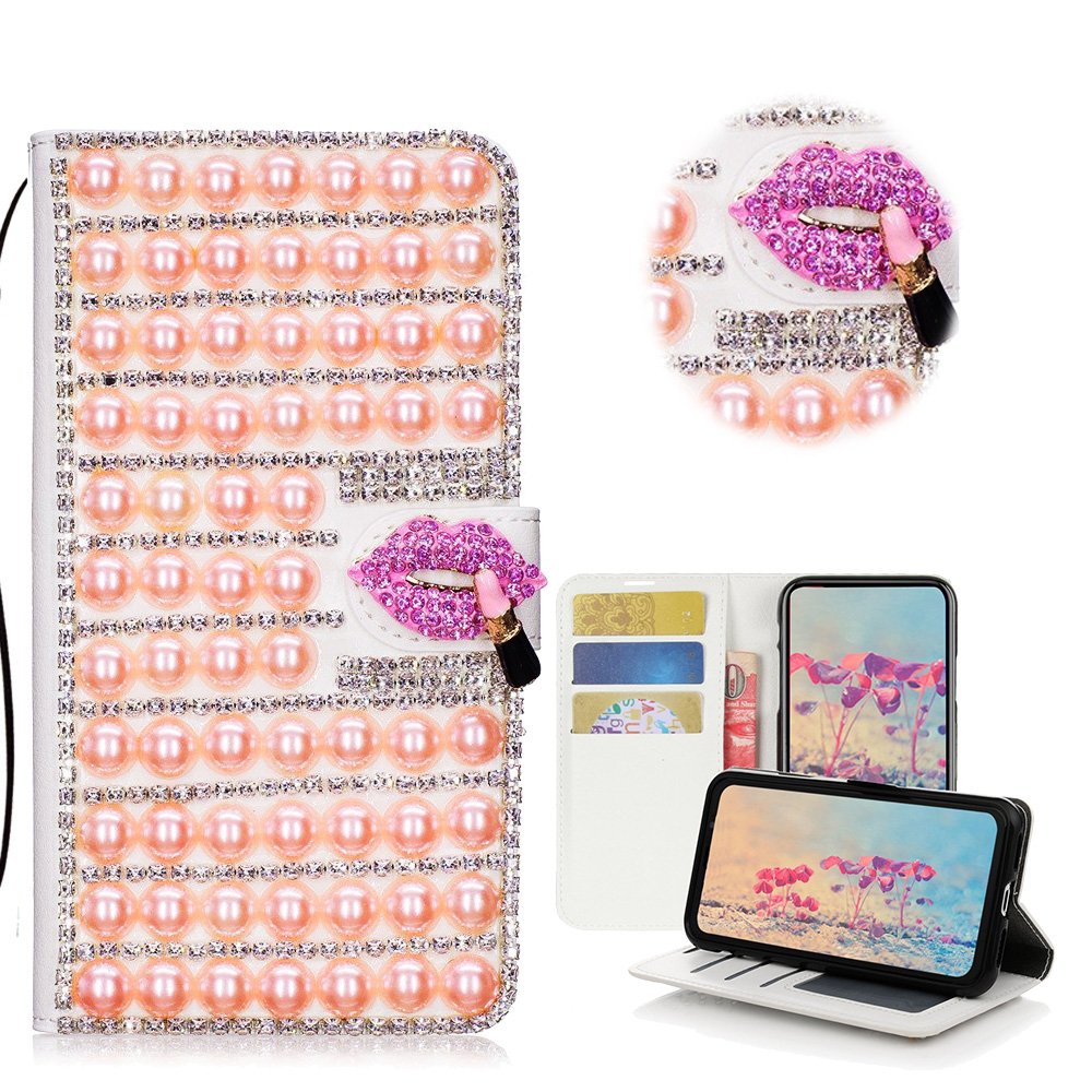 STENES Sparkle Wallet Phone Case Compatible with Google Pixel 2 XL [Stylish] 3D Handmade Bling Pearl Lattice Sexy Lips Crystal Diamond Design Girls Women Cover - Pink