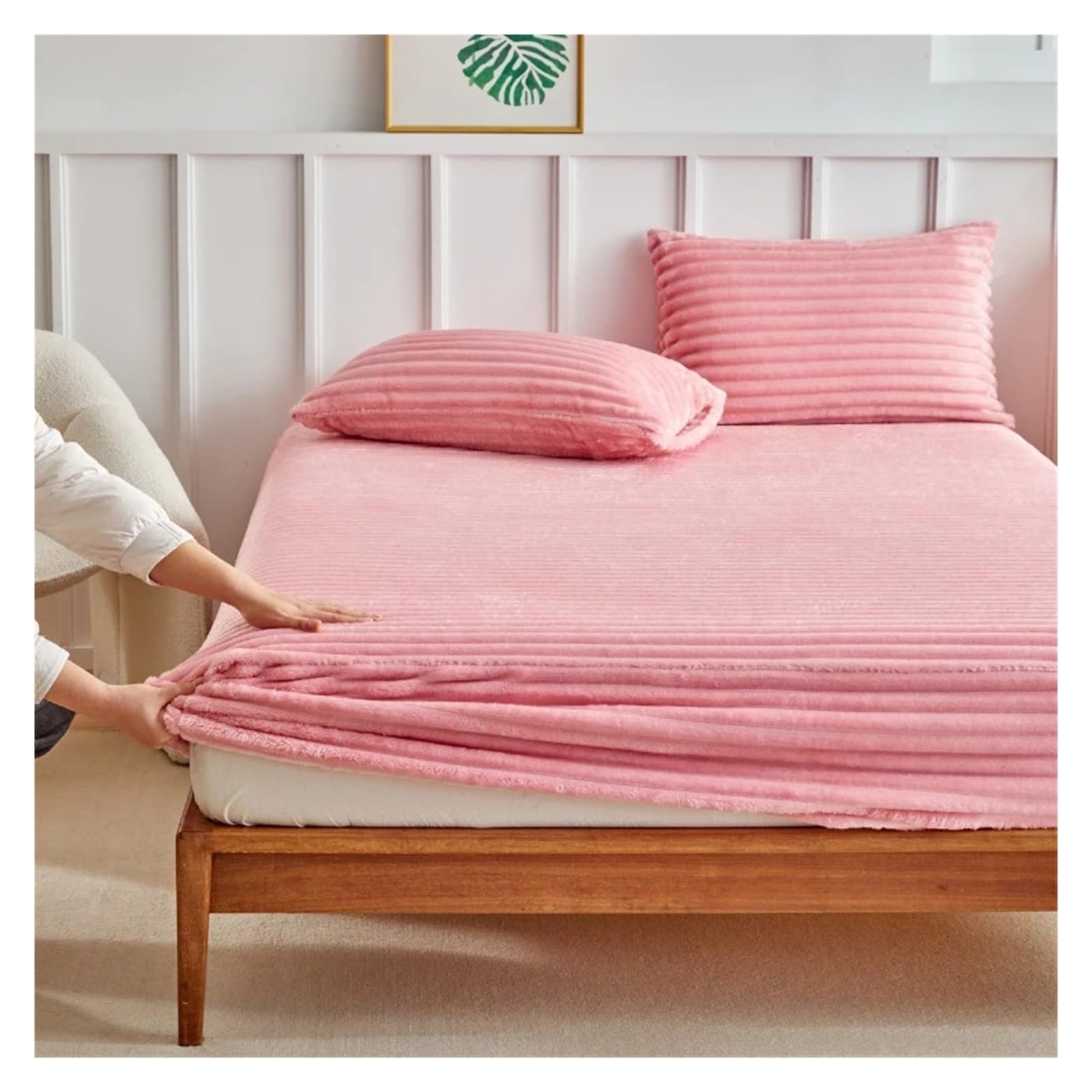 Copri Materasso Matrimoniale Copripiumino, coperta, copricuscino e copriletto in velluto a doppia faccia, con pelo di coniglio, set da tre pezzi(Pink,138X190 high30CM3PCS)