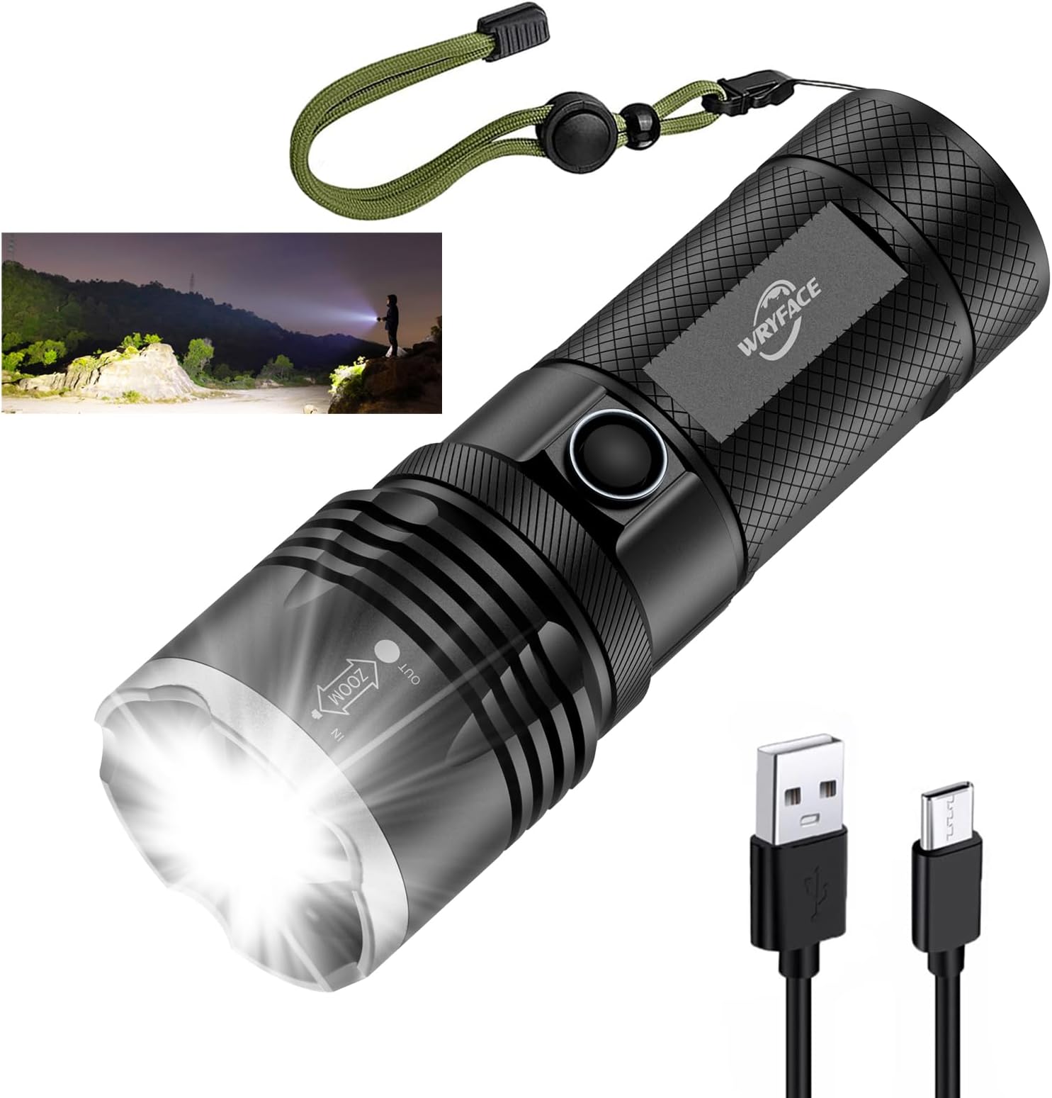wryface Rechargeable LED Flashlight High Lumens Super Bright Flashlight ...