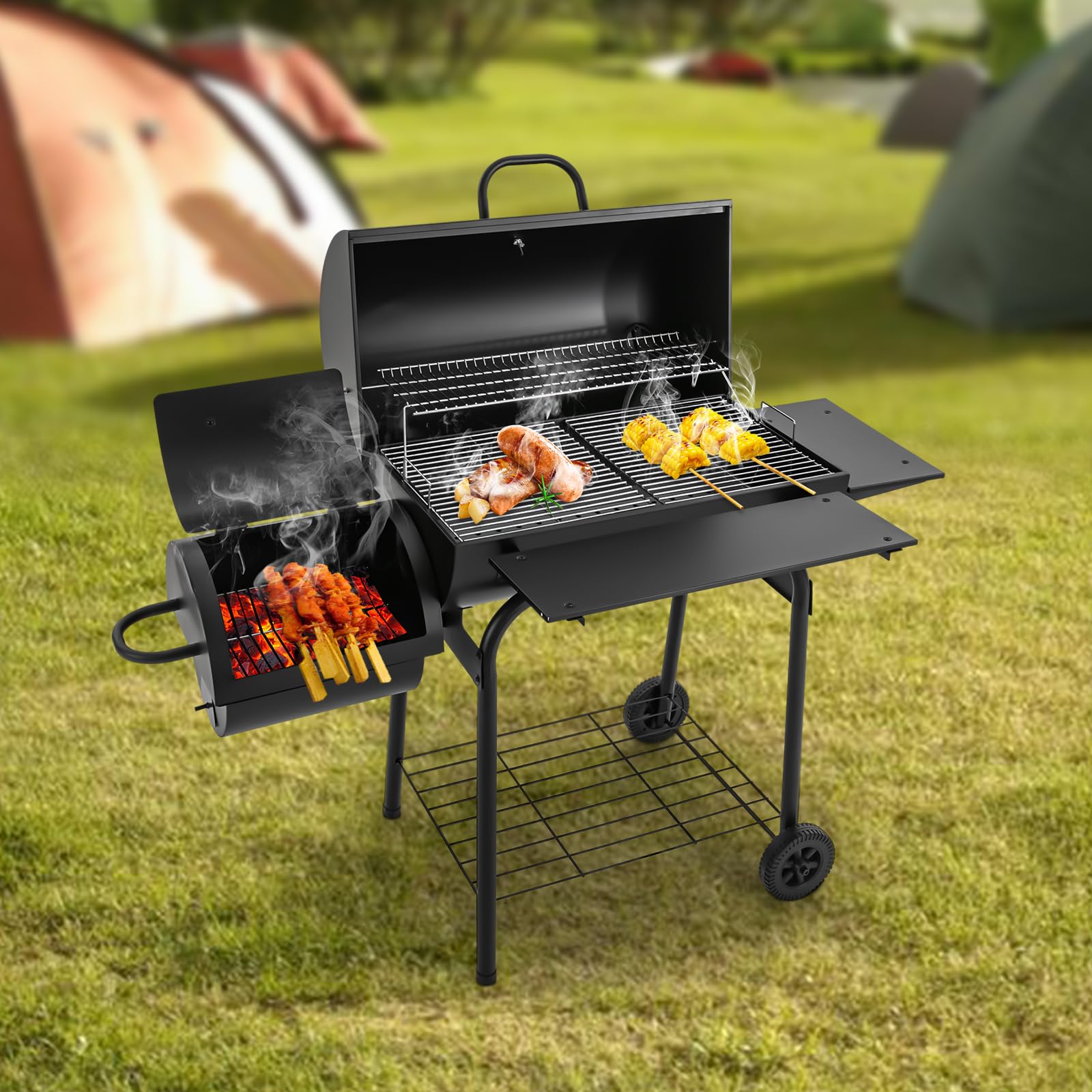 Barbecue a carbonella con corrimano laterale, griglia e termometro a carbonella, per esterni, barbecue, picnic, feste, campeggio, 147 x 70 x 126 cm