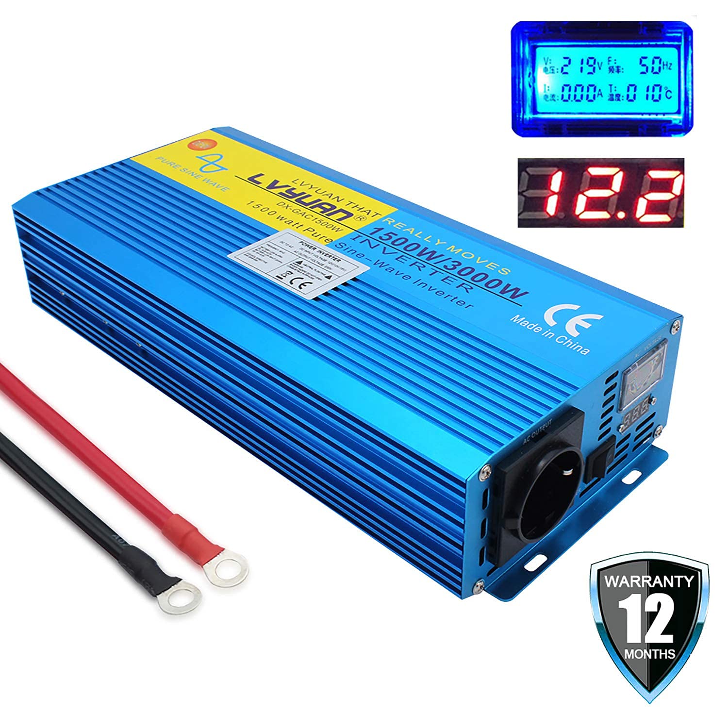 Yinleader Inversor Onda Sinusoidal Pura 1500W Transformador De 12v A 230v 3000W, Inversor De Corriente con 1 Toma Enchufe Y LCD para Coche Caravana Barco cámping de Viaje
