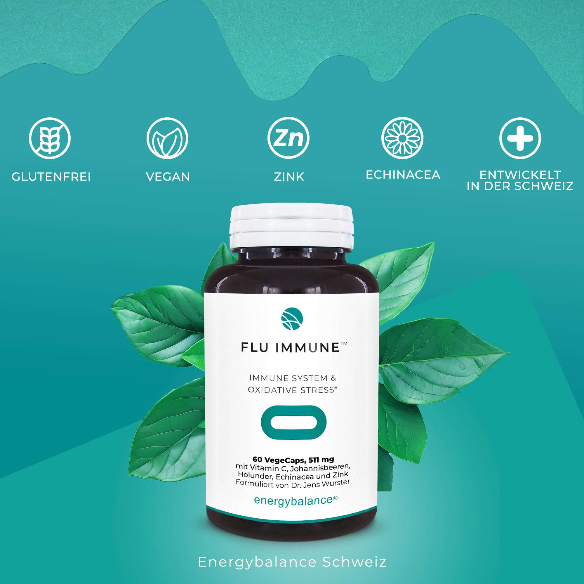Flu-Immune 511mg - natürlicher Komplex - Hohe Bioverfügbarkeit - Antioxidantien - Vegan - Glutenfrei - Ohne Zusatzstoffe - 100% reine Zutaten - GVO-frei - Nahrungs-Äquivalent - 60 VegeCaps