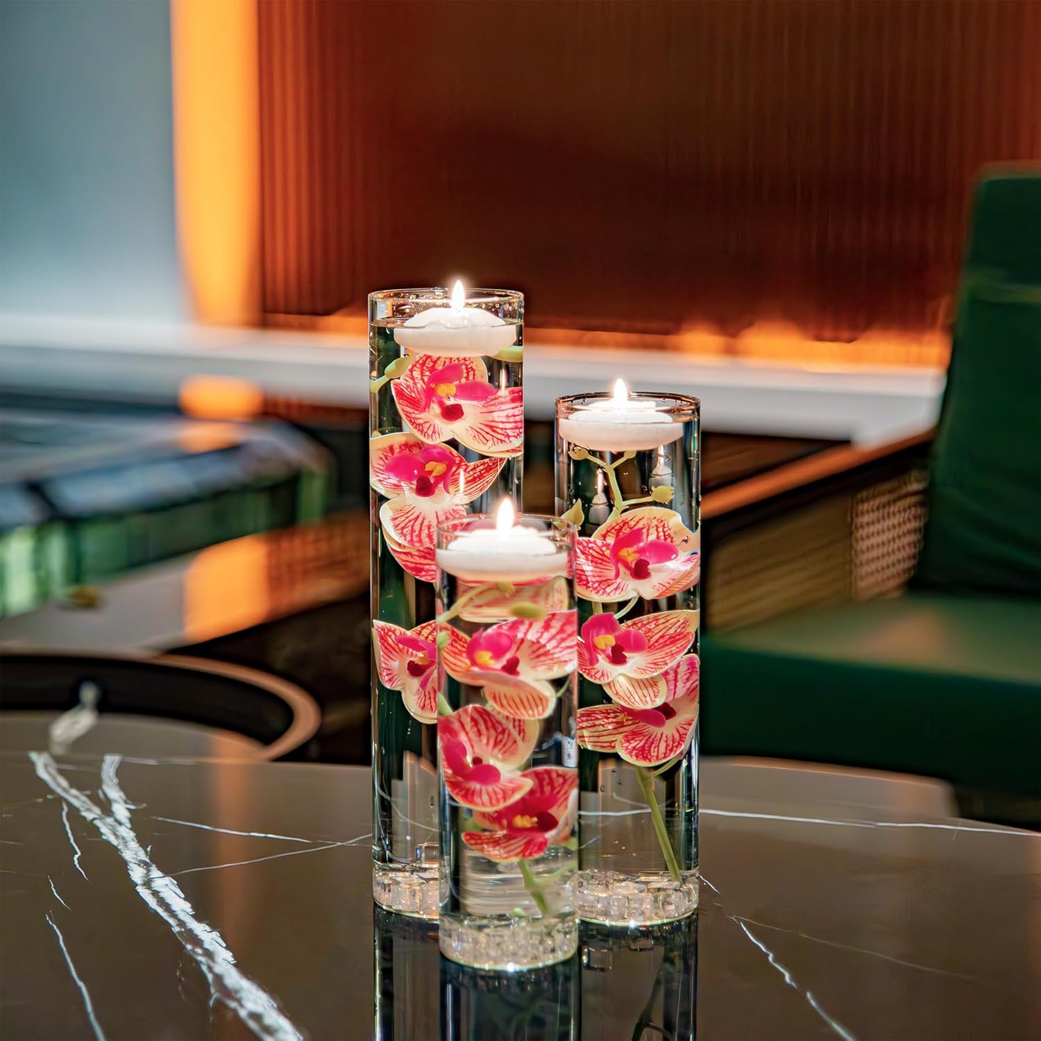 Artificial Orchid Floating Flower for Table Centerpieces Glass Cylinder Vase Fillers Floating Candles Fake Ice Cubes Peach Set for Wedding Party Pool Bar Restaurant Festival Decoration