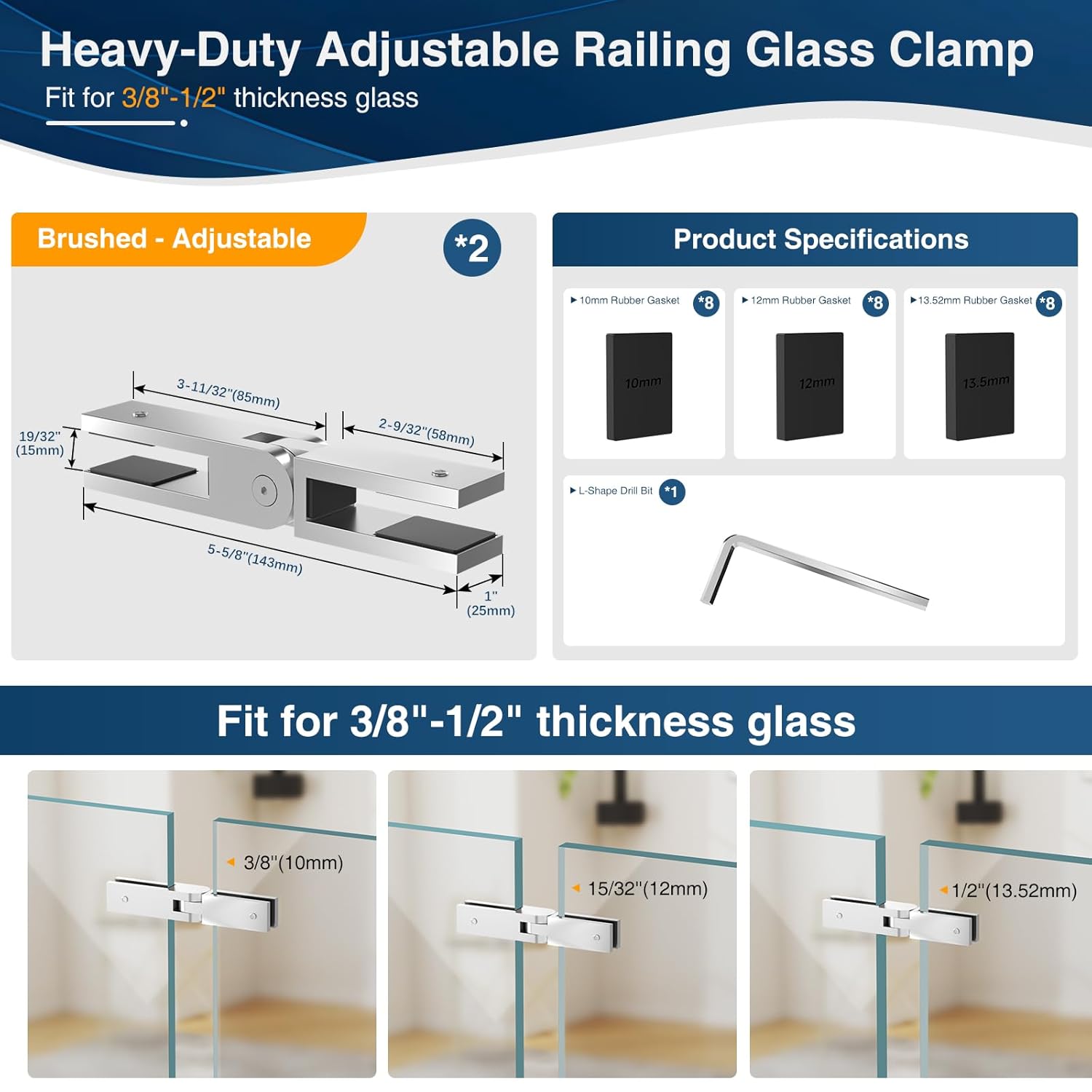 2 Pack Adjustable Glass to Glass Clamp, 90 to 270 Degree Railing Clamp Indoor & Outdoor, Brushed Finish Stainless Steel T304 Railing Clip Brackets for Fence, Balustrade, Balcony Deck