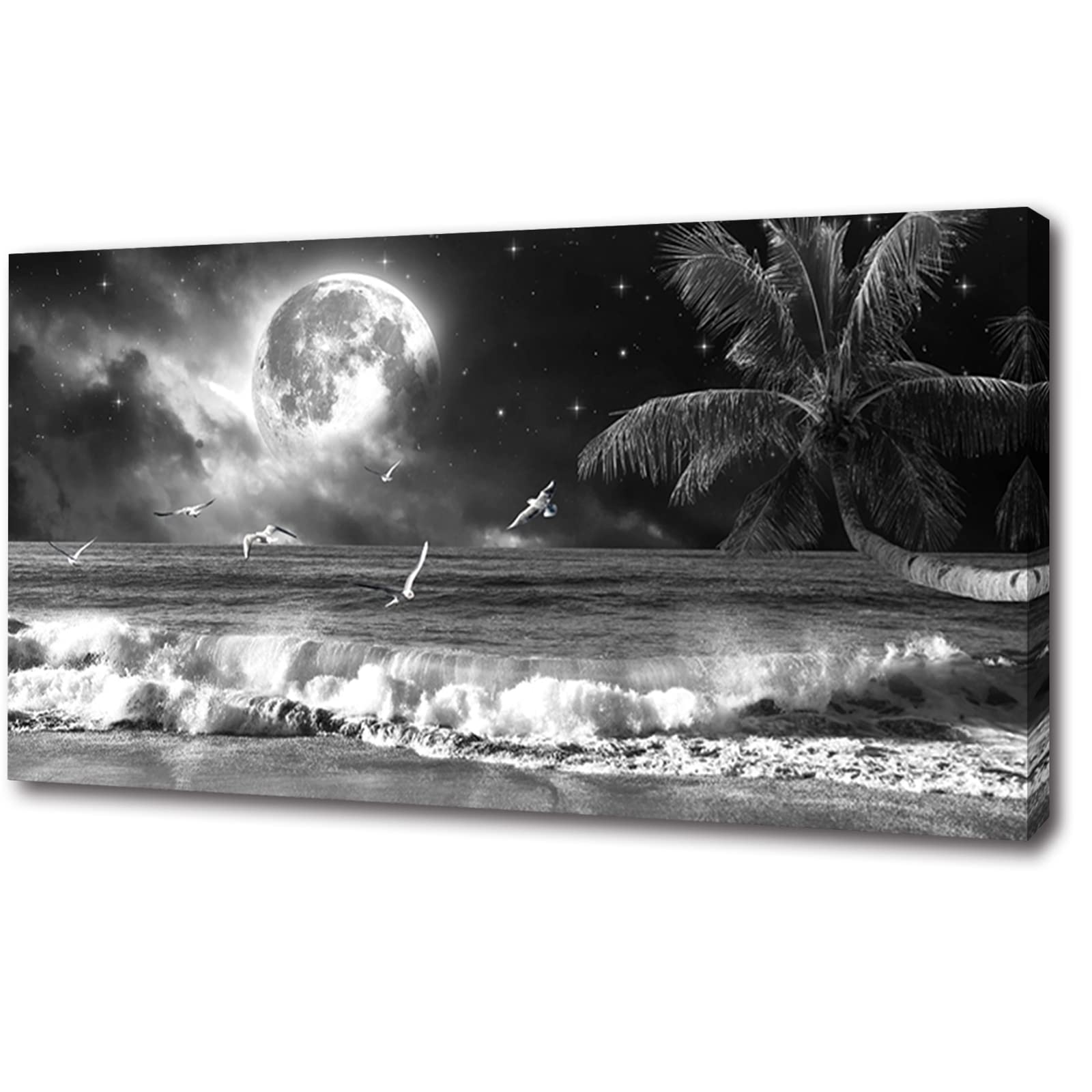 Yxbhhym large Black and White Beach Wall Art Moon Sea Ocean 30x60inches