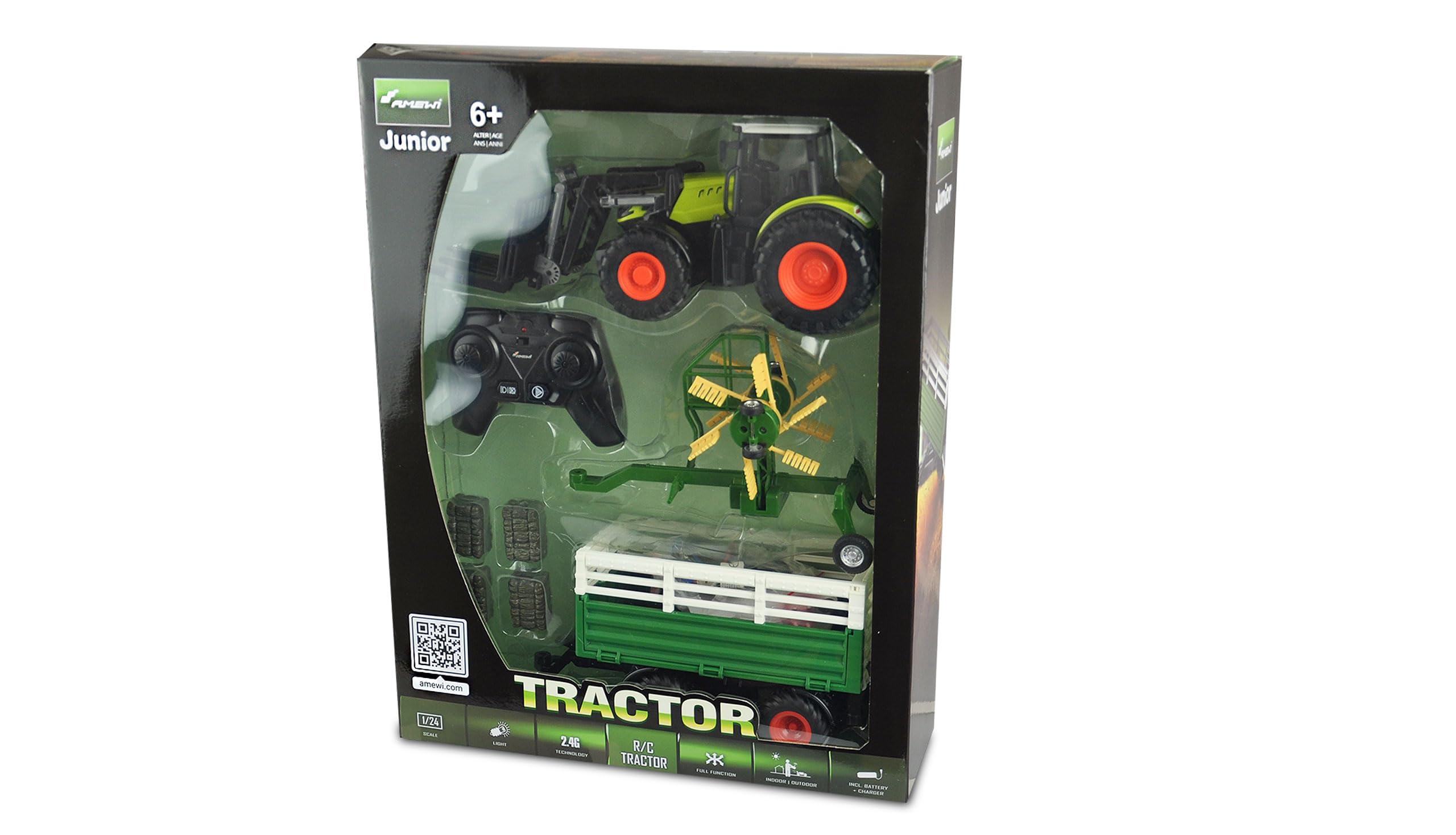 Amewi trattore con pacchetto di accessori XL, luce e suono, 1:24 RTR verde RC telecomandati
