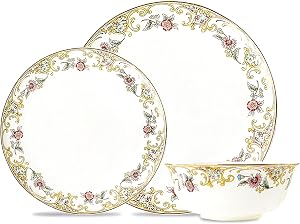 ACMLIFE Royal Gold-Plated Bone China Dinnerware Set for 4, Vintage Floral Dinnerware Set, Light Blue 12 Piece Lightweight Bone China Dinnerware Set Plates and Bowls Set (White Gold)
