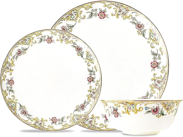 ACMLIFE Royal Gold-Plated Bone China Dinnerware Set for 4, Vintage Floral Dinnerware Set, Light Blue 12 Piece Lightweight Bone China Dinnerware Set Plates and Bowls Set (White Gold)