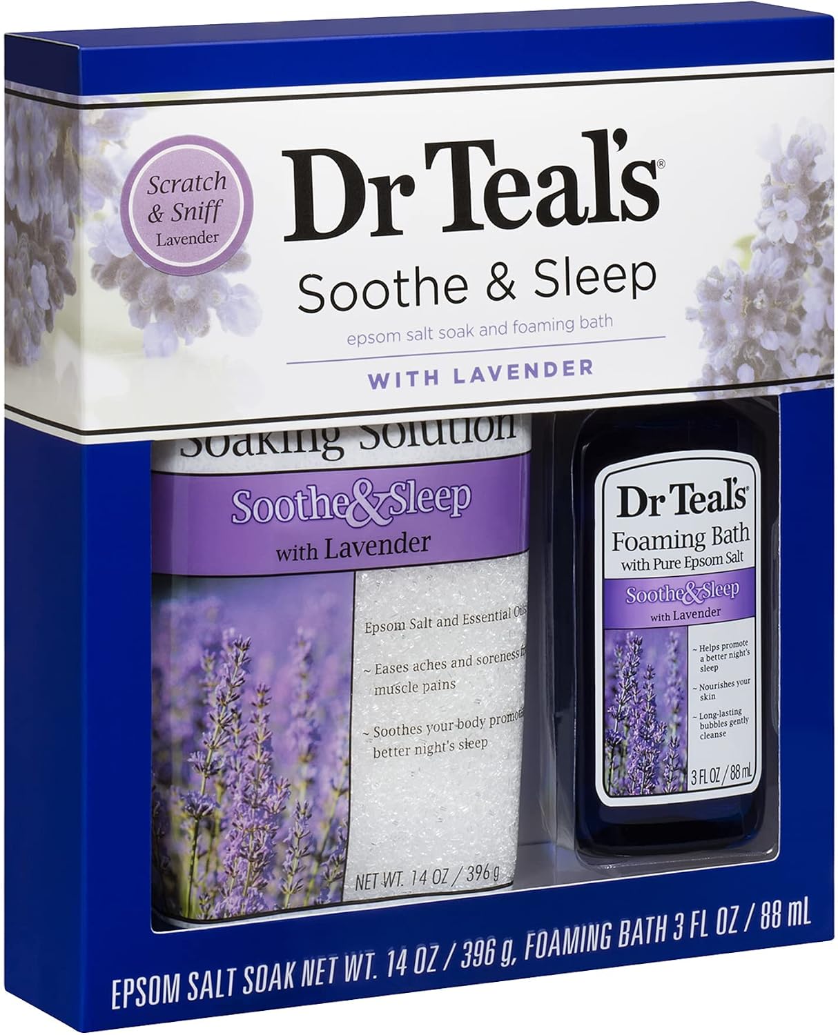 Dr Teal's Lavender Epsom Salt & Foaming Bath Oil Sampler Gift Set 2022 - Give The Gift of Relaxation & Peaceful Slumber! - 14 oz Bag of Lavender Bath Salts & 3 oz Bottle of Lavender Foaming Bath Oil