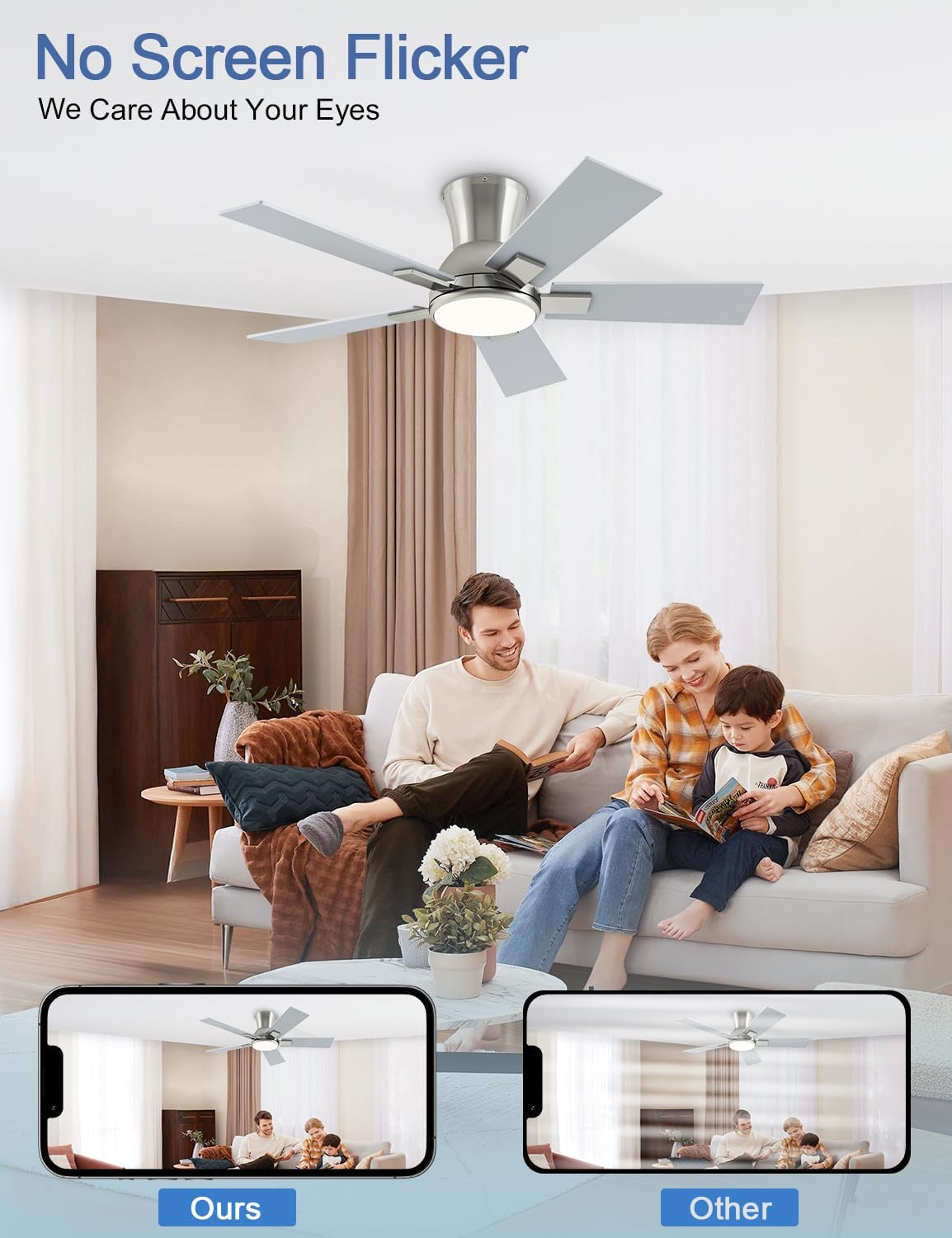 42 Inch Ceiling Fans with Lights and Remote, Brushed Nickel Flush Mount Low Profile Ceiling Fan for Bedroom, Patio, Reversible DC Motor, 6-Speed Quiet LED Dimmable, ETL Listed