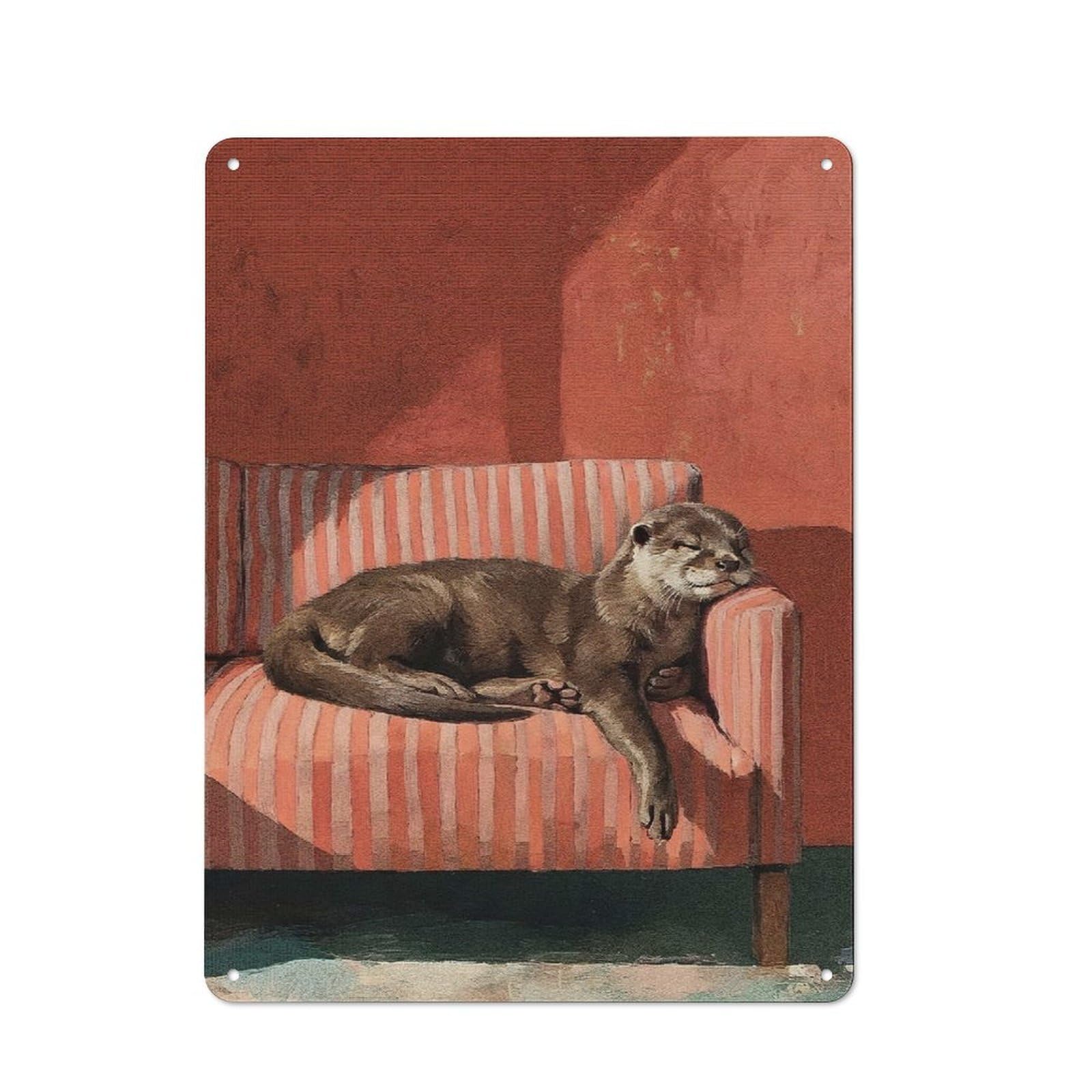 Junmoney Style-19 Sleeping Otter On Striped Couch Tin Wall Plaque 40X30cm, Barn Style Rustic Kitchen Decor For Farmhouse Kitchen, Pantry Or Dining Area
