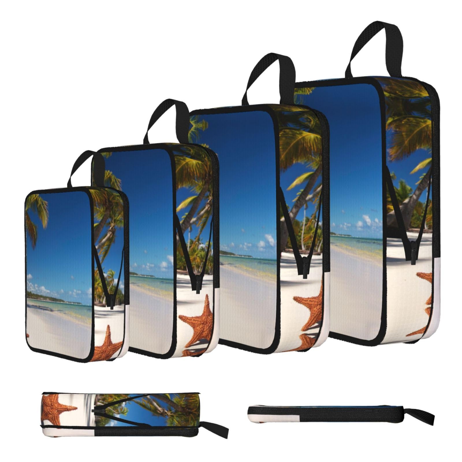 Coconut Palm Beach Print Compression Packing Cubes 4-Piece Set With Multi- Compartment Travel Bag, Waterproof Suitcase Organiser Bags