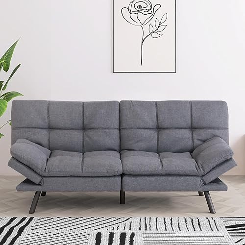 Erdoru, Sofá biplaza futón de espuma viscoelástica, sofá cama moderno con respaldo convertible y reposabrazos, color gris claro