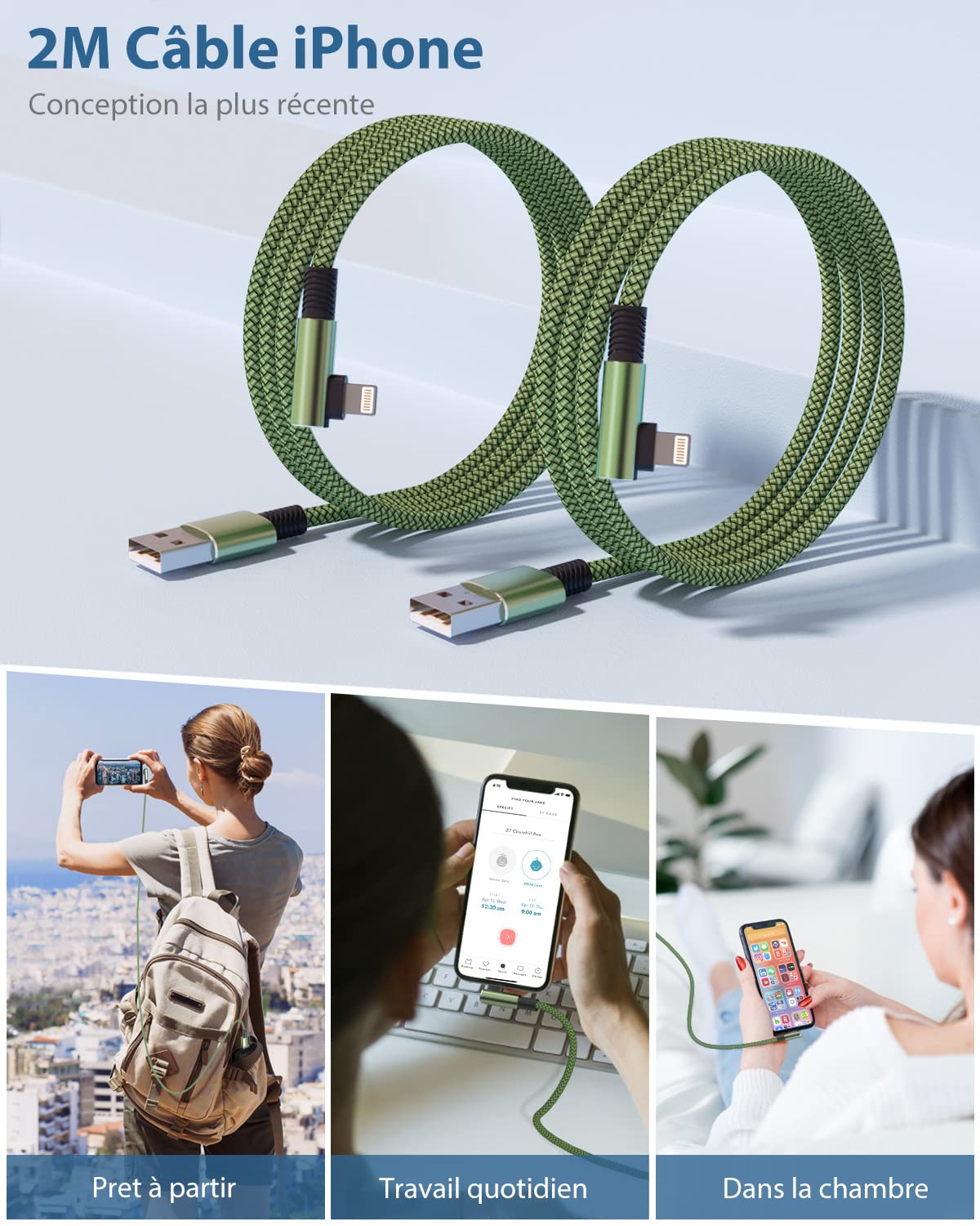 Yosou Câble iPhone [2m/Lot de 2] Cable Chargeur iPhone Angle droit 90 Degrés Certifié MFi Câble Lightning Nylon Tressé Cordon Fil Chargeur Rapide pour iPhone 14 13 12 11 Pro Max XS XR X 8 7 SE,iPad