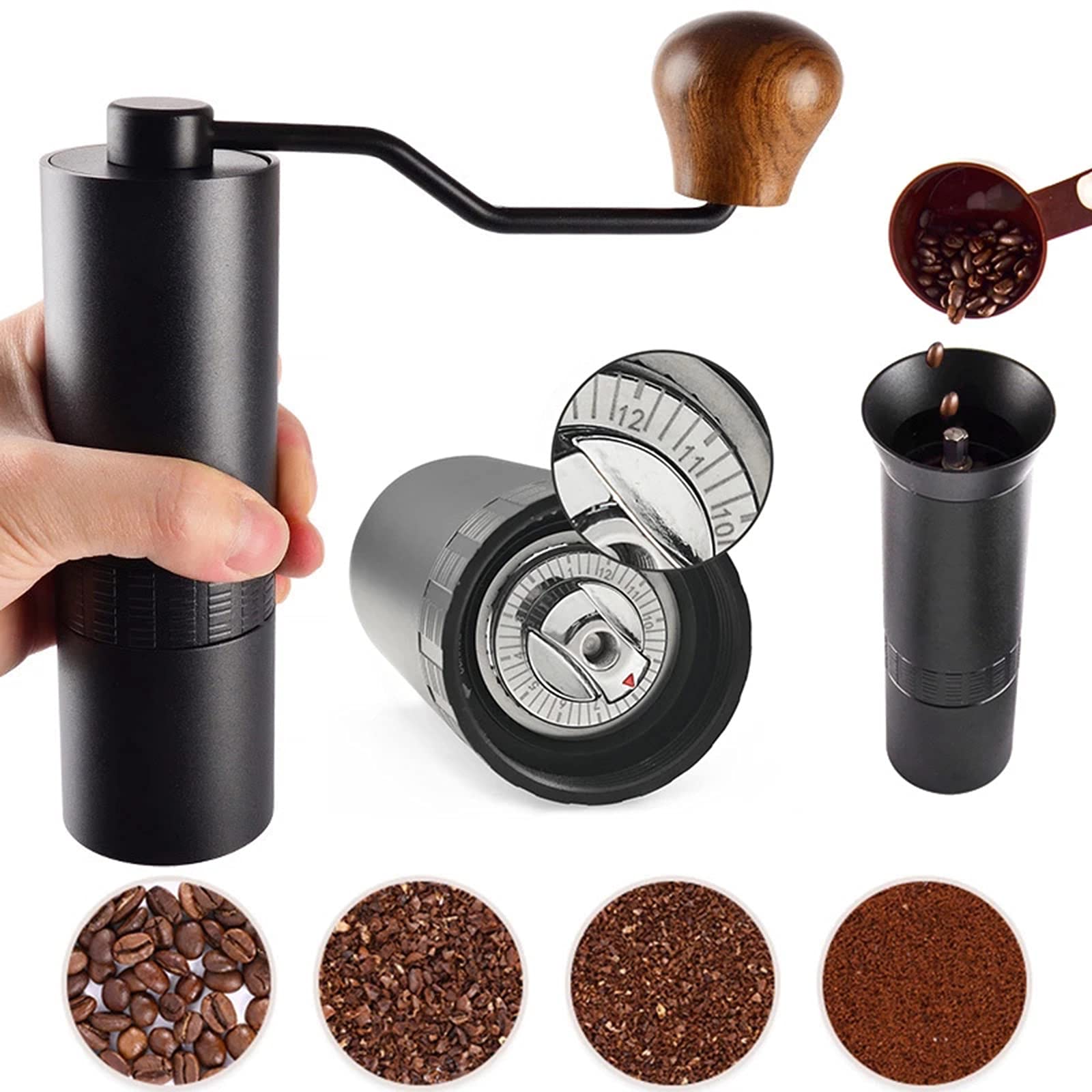 Molinillo De Cafe Mini Acero Inoxidable Molino Manual De Las Amoladoras De Las Rebabas del Grano De Café, Fresa Cónica del Pentágono, Ajuste Fino Numérico Ajustable Molinillos De Cocina,Negro