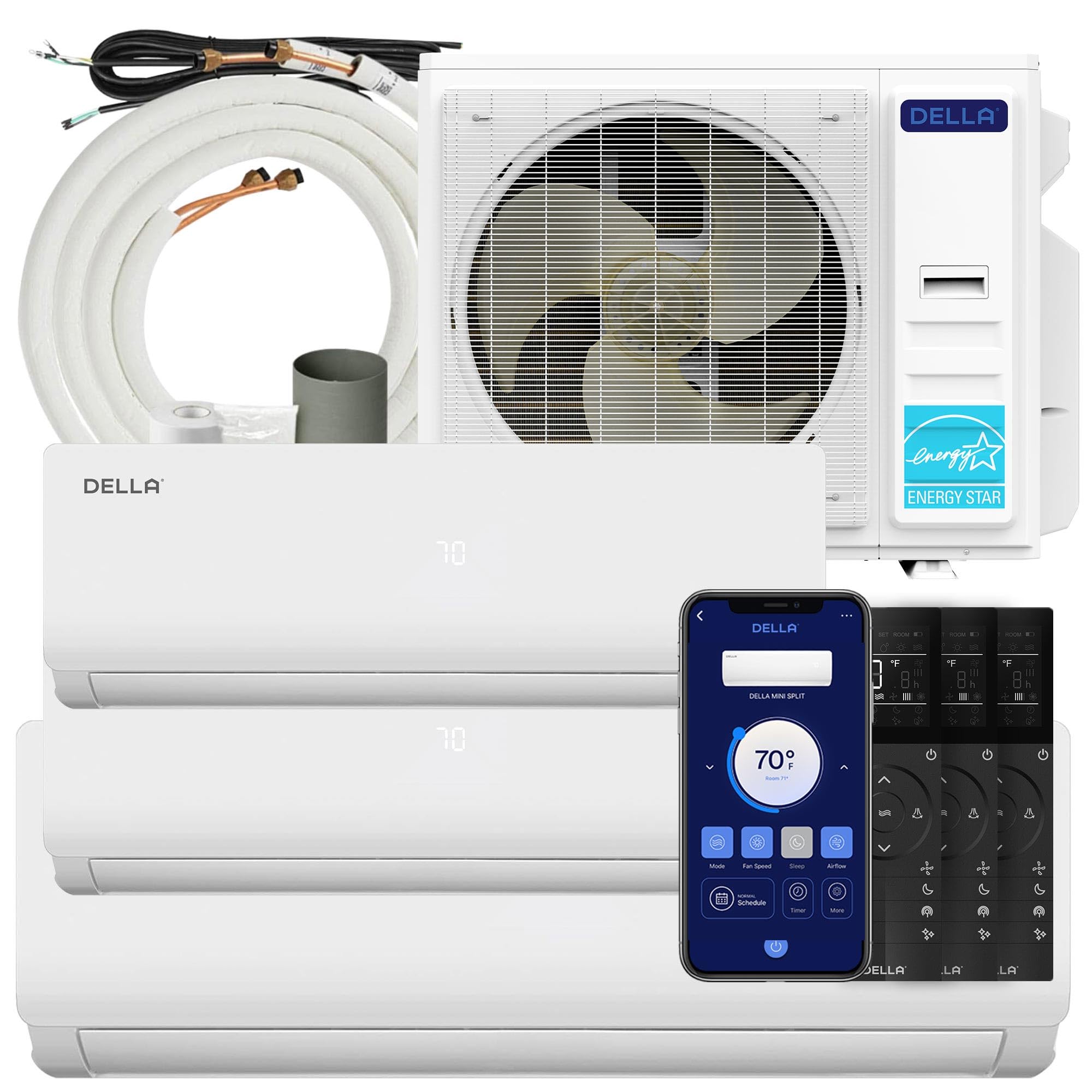 Della 45K BTU ODU Tri 3 Zone 12K 12K 18K BTU 19 SEER2 208-230V Cools Up to 2100 Sq.Ft, Works with Alexa and Wifi, Energy Efficient, Multi Zone Mini