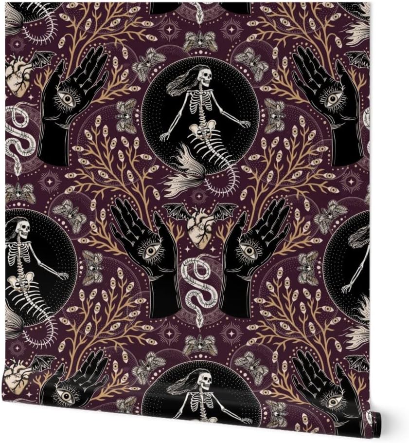 Spoonflower Peel & Stick Wallpaper 3ft x 2ft - Mermaid Skeleton Spooky Hands Eyes Snake Scary Plants Moths Large Plum Purple Gothic Fantasy Custom Removable Wallpaper