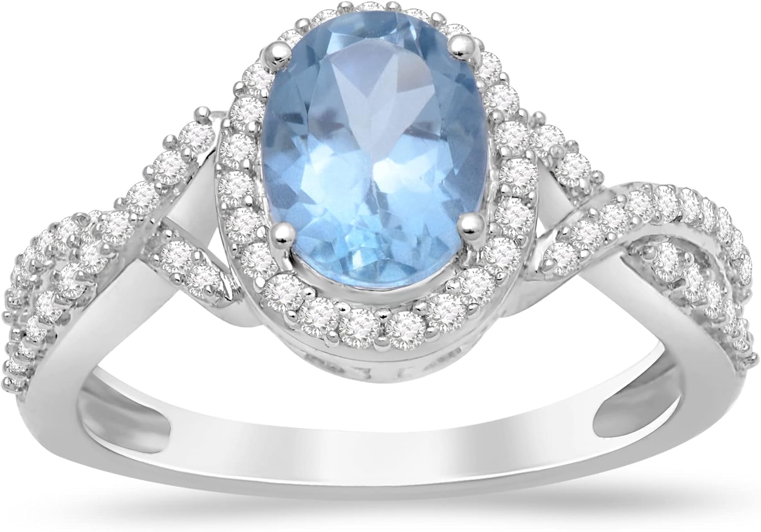 Jewelili Sterling Silver 9x7 MM Oval Cut Aquamarine and Round Created White Sapphire Infinity Halo Engagement Ring