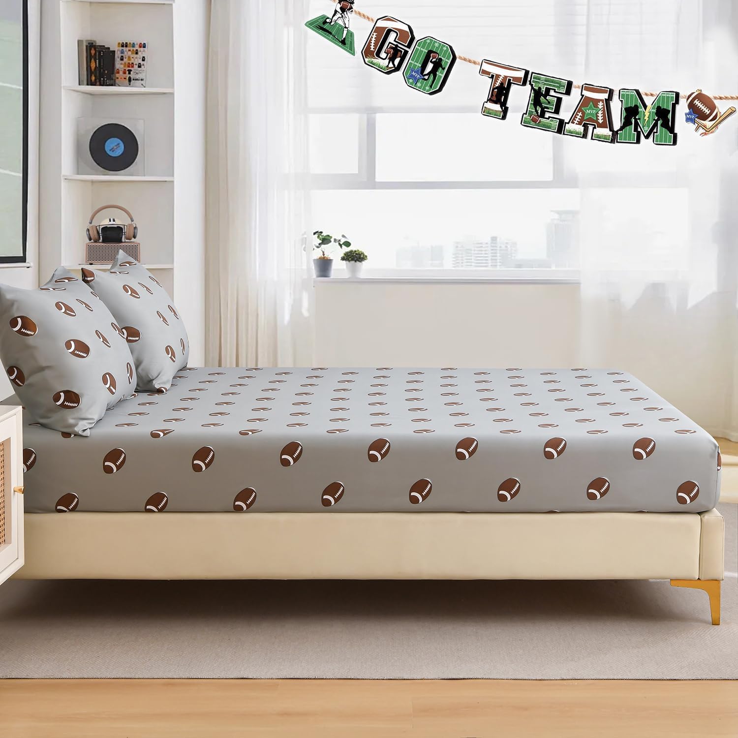 Chezmoi Collection Kids/Teens Sports Fitted Sheet, Full Size 2-Pack – 2 Fitted Sheets + 4 Pillowcases (No Flat Sheet) - Soft Microfiber Fitted Sheet Set – Gray Brown White Football Print