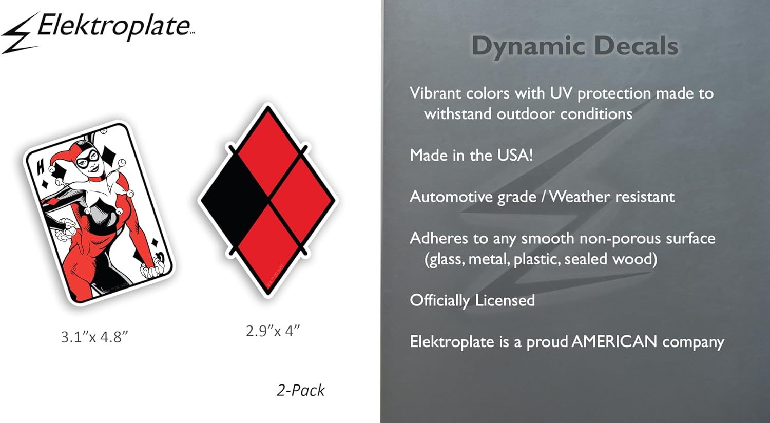 Elektroplate Officially Licensed DC Comics Harley Quinn Playing Card & Diamond Dynamic Decals | Premium Auto-Grade Weatherproof Vinyl Stickers for Car, Water Bottle, Phone & More| USA Made | Set of 2 - Image 3