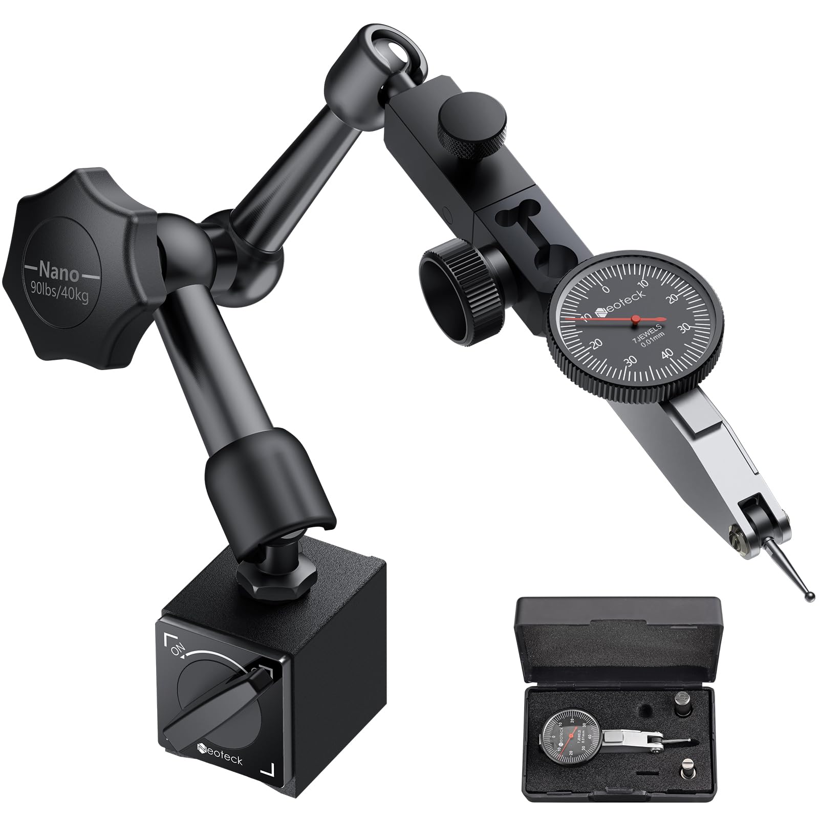 Neoteck Indicador Digital 0~0.8 mm Indicador de Cuadrante con Soporte de Base Magnética Indicador de Prueba de Esfera con Estuche Acolchado para Mecánicos Industriales Laboratorios-Negro