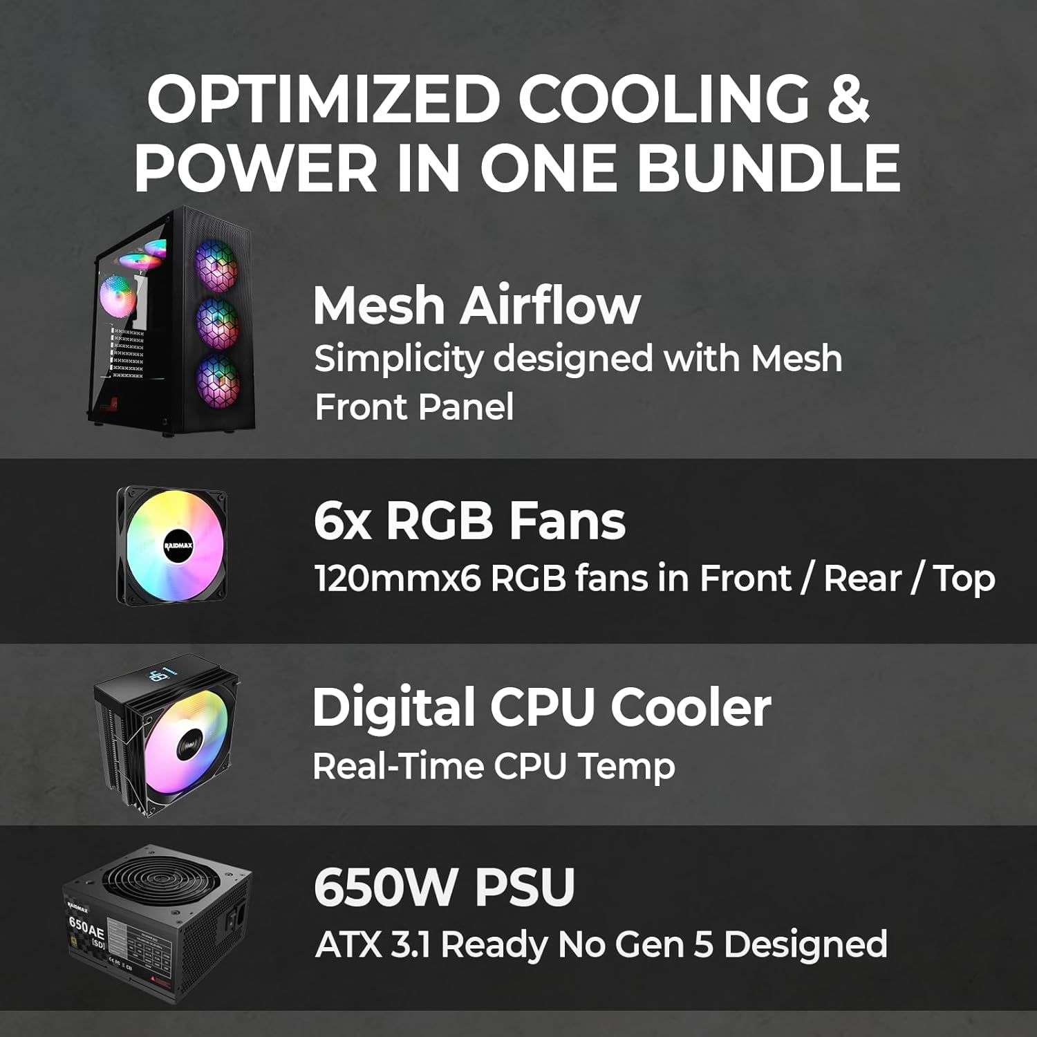 RAIDMAX X921 Mesh Airflow ATX Mid Tower Gaming PC Case, 6X 120mm Static RGB Color Fans Pre-Installed, Tempered Glass Side Panel, High Airflow Design, Supports 320mm GPU & 240mm Radiator (Bundle)